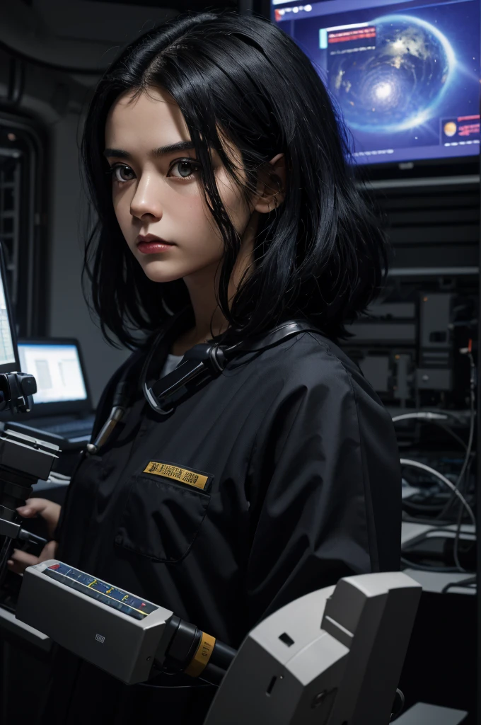 Technician dressed as a black-haired young woman with a serious expression, The background is a large scientific observatory with lots of large screens and staff