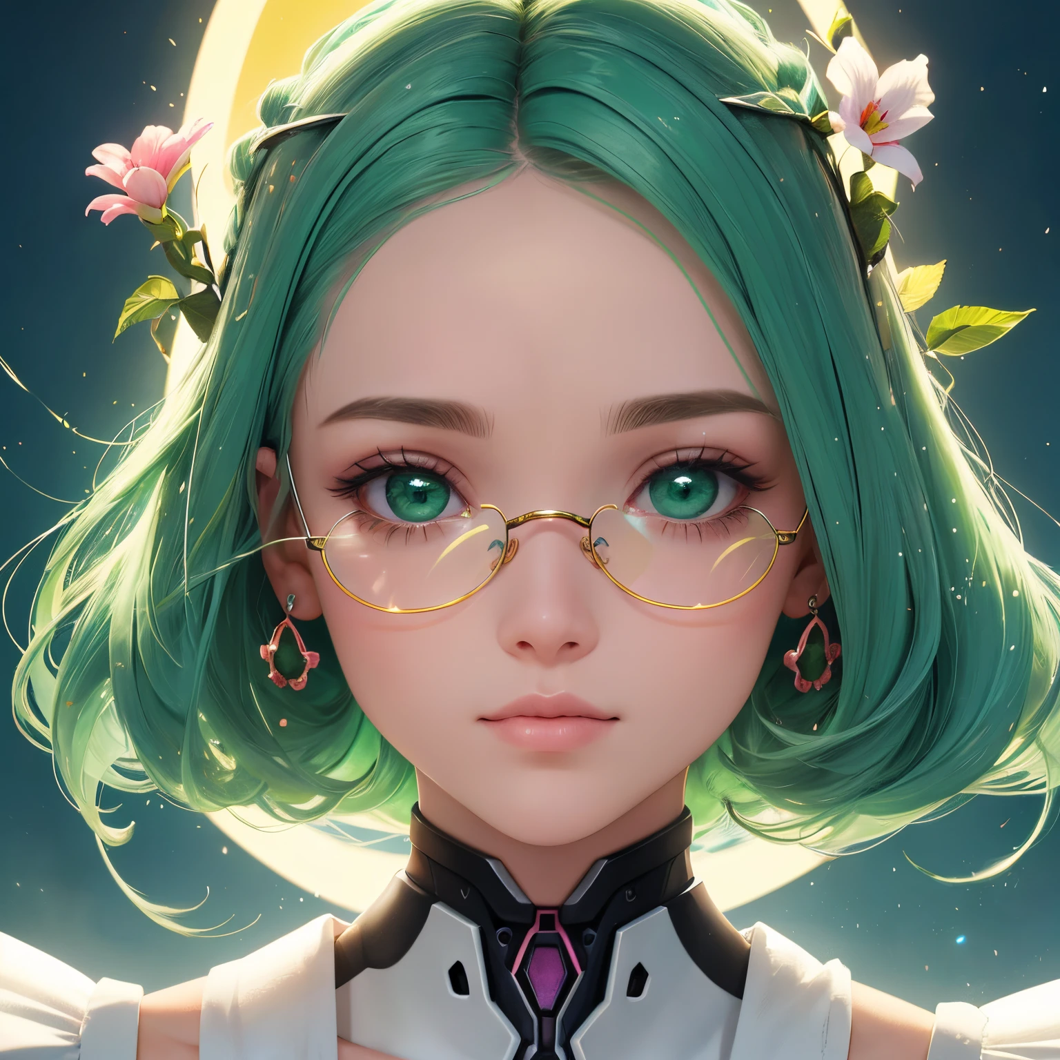 Um close up de uma mulher com um rosto perfeito com uma boca rosada naris perfeito com uma mecha de cabelo no rosto com um ((olharflorecente brilhante verde)) e marcante com um pingente na testa imagem de cinema premiado hd imagem intrigante alta qualidade full hd