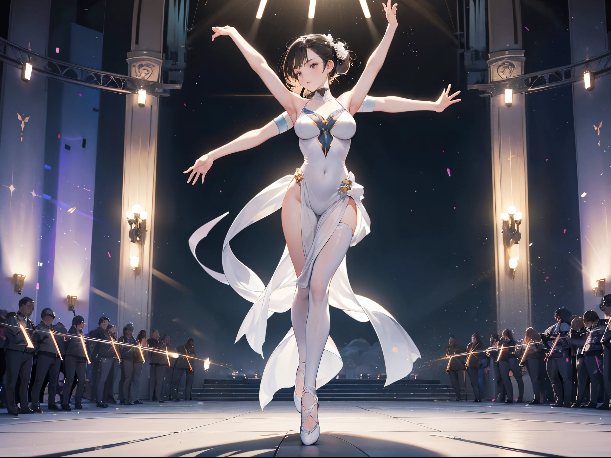 Explore the elegance of binary code in motion. Envision a ballet performance with enormous breast where dancers embody the 1s and 0s of binary code, gracefully moving through a digital stage. Capture the beauty of algorithms in motion, blurring the boundaries between technology and art. (full body:1.5)