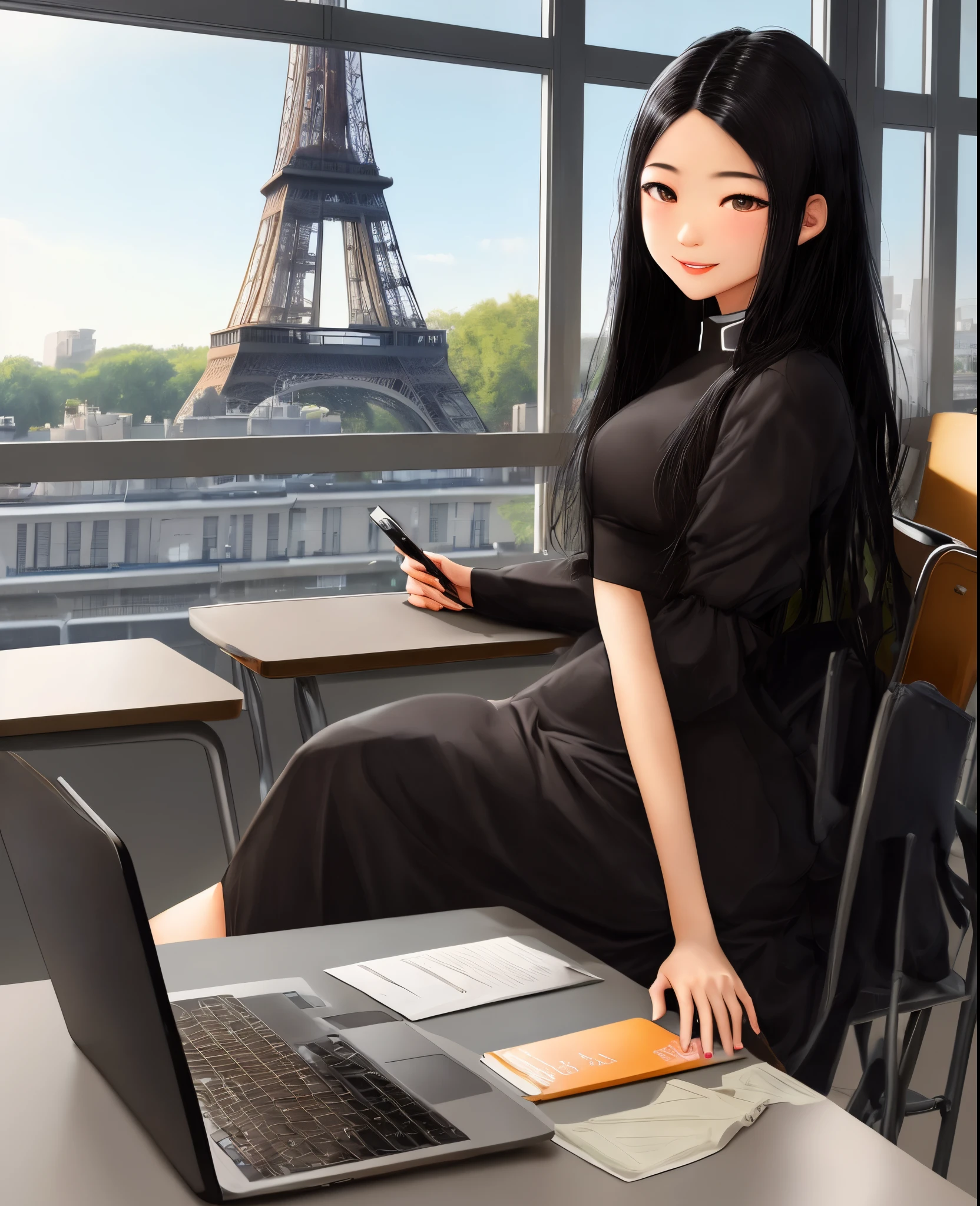 create a Disney Pixar Cartoon  of a 19-year-old Vietnamese white Asian woman with long, black hair. This Asian girl is in a business school, sitting in a classroom with life behind her at the Eiffel Tower since she's in the Montparnasse Tower and has an Apple computer on the table with other students behind her. This person is dressed in a long black dress. The title to put on the image: Business School In Paris