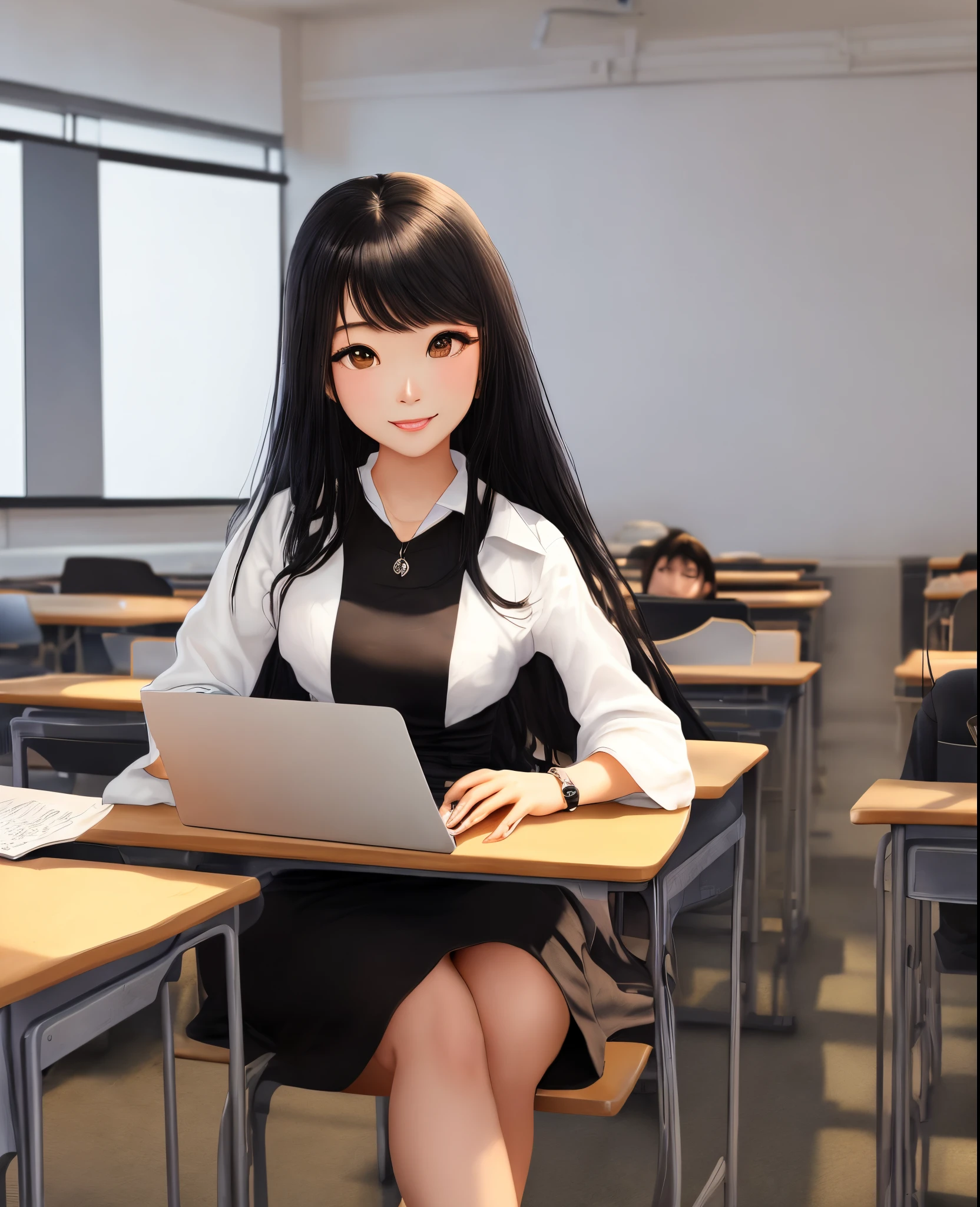 create a Disney Pixar Cartoon of a 19-year-old Vietnamese white Asian woman with long, black hair. This Asian girl is in a business school, sitting in a classroom with life behind her at the Eiffel Tower since she's in the Montparnasse Tower and has an Apple computer on the table with other students behind her. This person is dressed in a long black dress. The title to put on the image: Business School In Paris