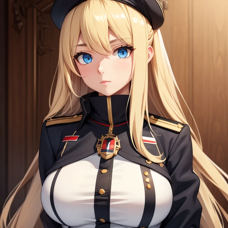 cleavage, black clothes, black ww2 ss uniform, military, german soldier, german officer hat, insanely Beautiful Little pale gothic girl, scifi temple, blush, smile