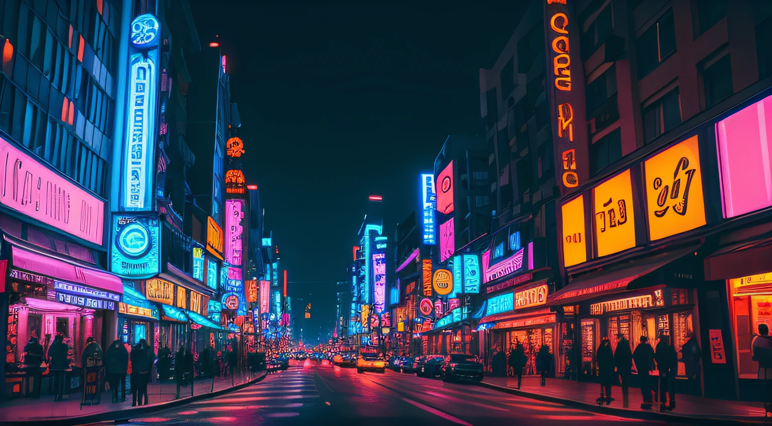 Photograph of a busy city street at dusk, taken from a low angle, with towering buildings and vibrant neon lights.