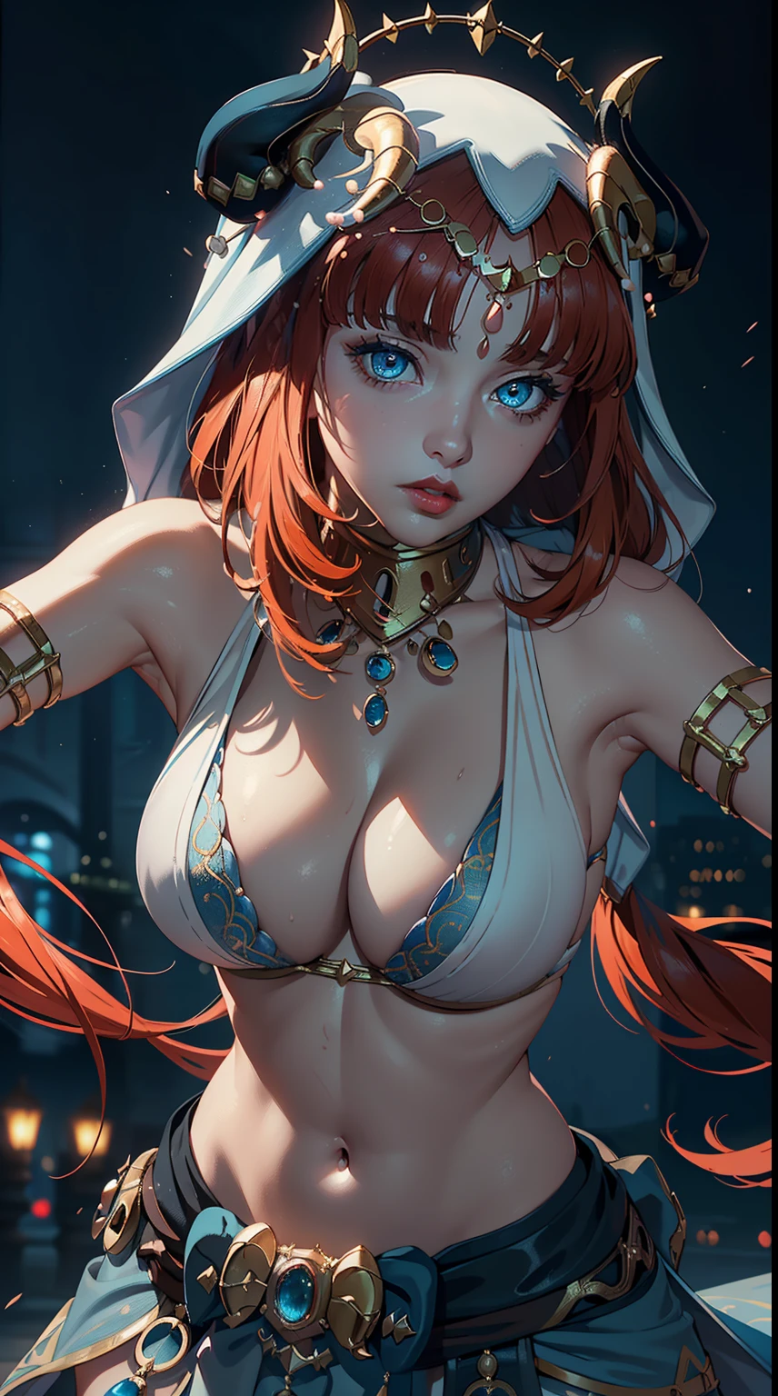 ((4k)),((masterpiece)),(best quality),((ultra detailed)), ((beautiful blurry night background)), ((cinematic lighting)), depth of field, (dynamic angle),((beautiful detailed eyes), ((dynamic pose)), pretty face, red lip, large boobs, ((cleavage)), ((niloudef)), sexy,