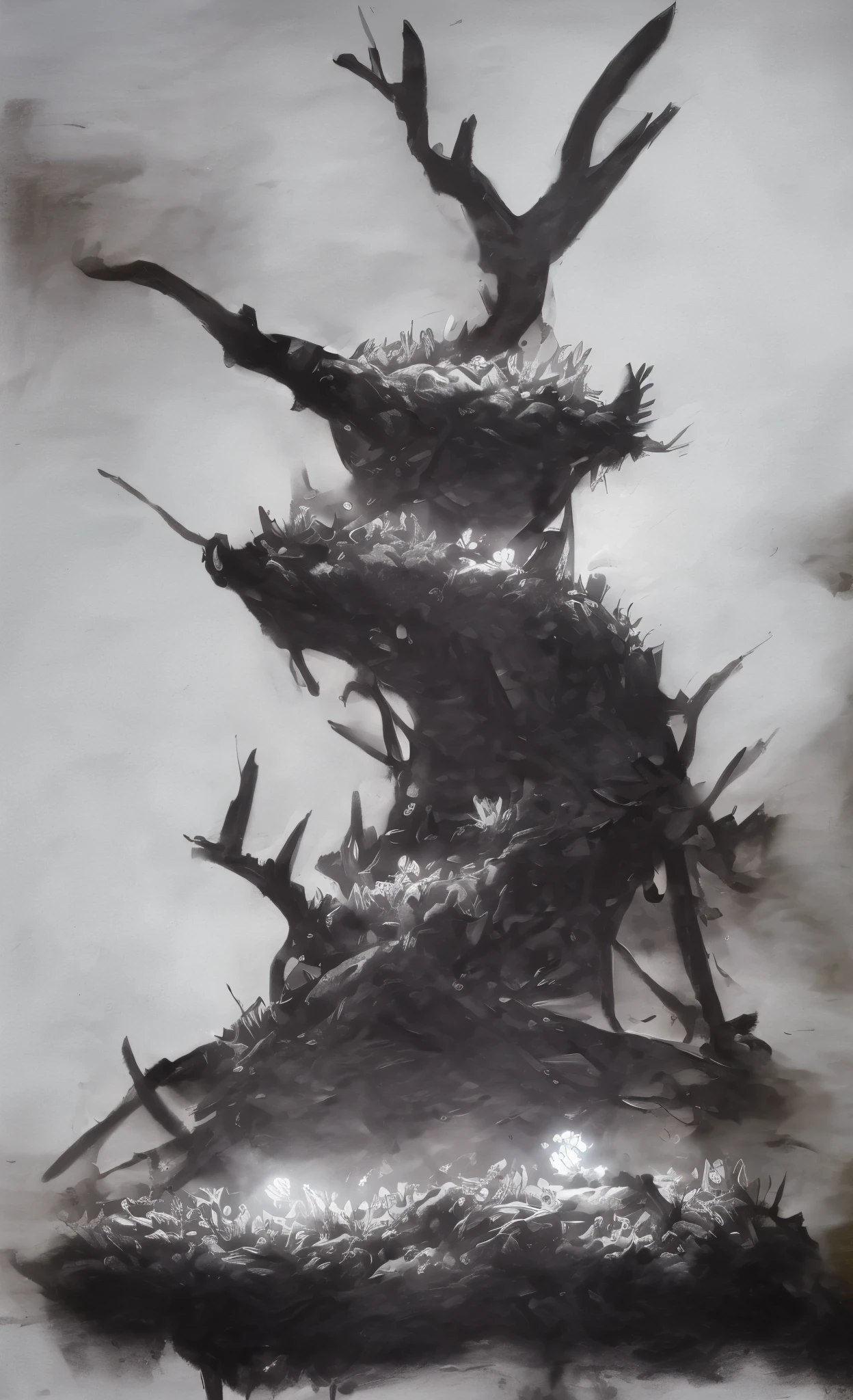Cold scenario, darkly, death, A lot of creatures, Battle of creatures, fantasy creatures, Scary creatures, rocks, Dry, Dead Tree, mountain, Wallace, mist, spectral, Magic, Scary, Crows, intimidating, Inposing, superior, an artistic, Clouds, The Scary Way, Danger, ombre, dynamic, rich composition, Intricate, Detailed, shelter, landscape, Sketch, Incredibly beautiful sky, stars in thr sky, Scavengers, bloods, red fluid, Best Quality, Masterpiece, Ultra-detailed, Beautiful, hight resolution, Original,CG 8K ультрареалистичный, perfect artwork, hyper realistic, Ultra Detailed, dramatic  lighting, (Realistic) Realistic, Full HD, Best Quality, Best Quality, Beautiful lighting, (8k wallpaper of extremely detailed CG unit), High Details, sharp-focus, The art of dramatic and photorealistic painting,