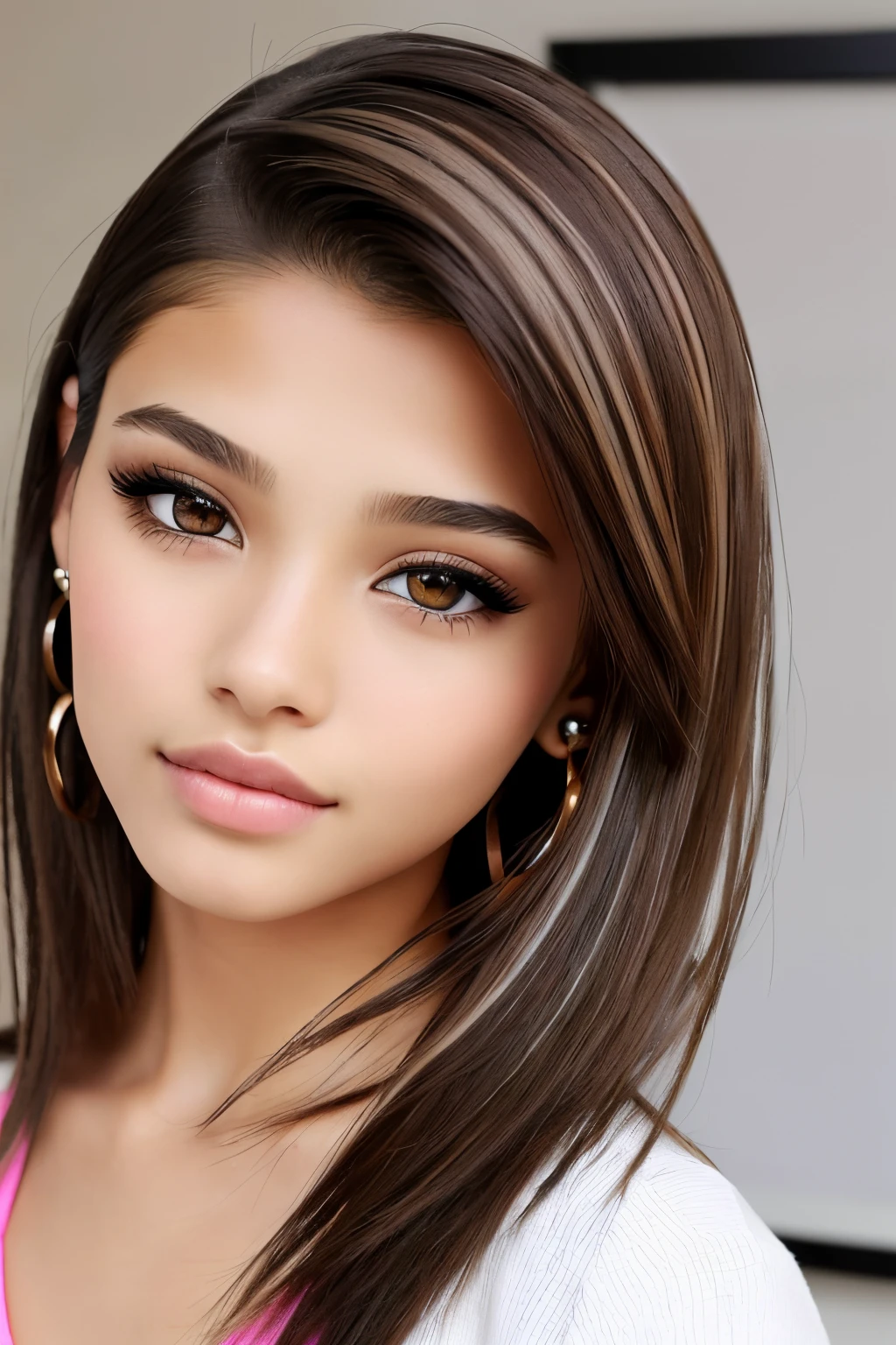 beautiful girl, brown_eyes, ((beautiful slim age girl 18 year old, hair color [Brown highlights hair], [undercut pixie] hair)), earrings, lips, realistic, narrow waist, charming, pink lipstick, colorful makeup, long eyelashes, earrings, wearing eyeliner, fair skin, (cute), (detailed face), detailed eyes, detailed iris