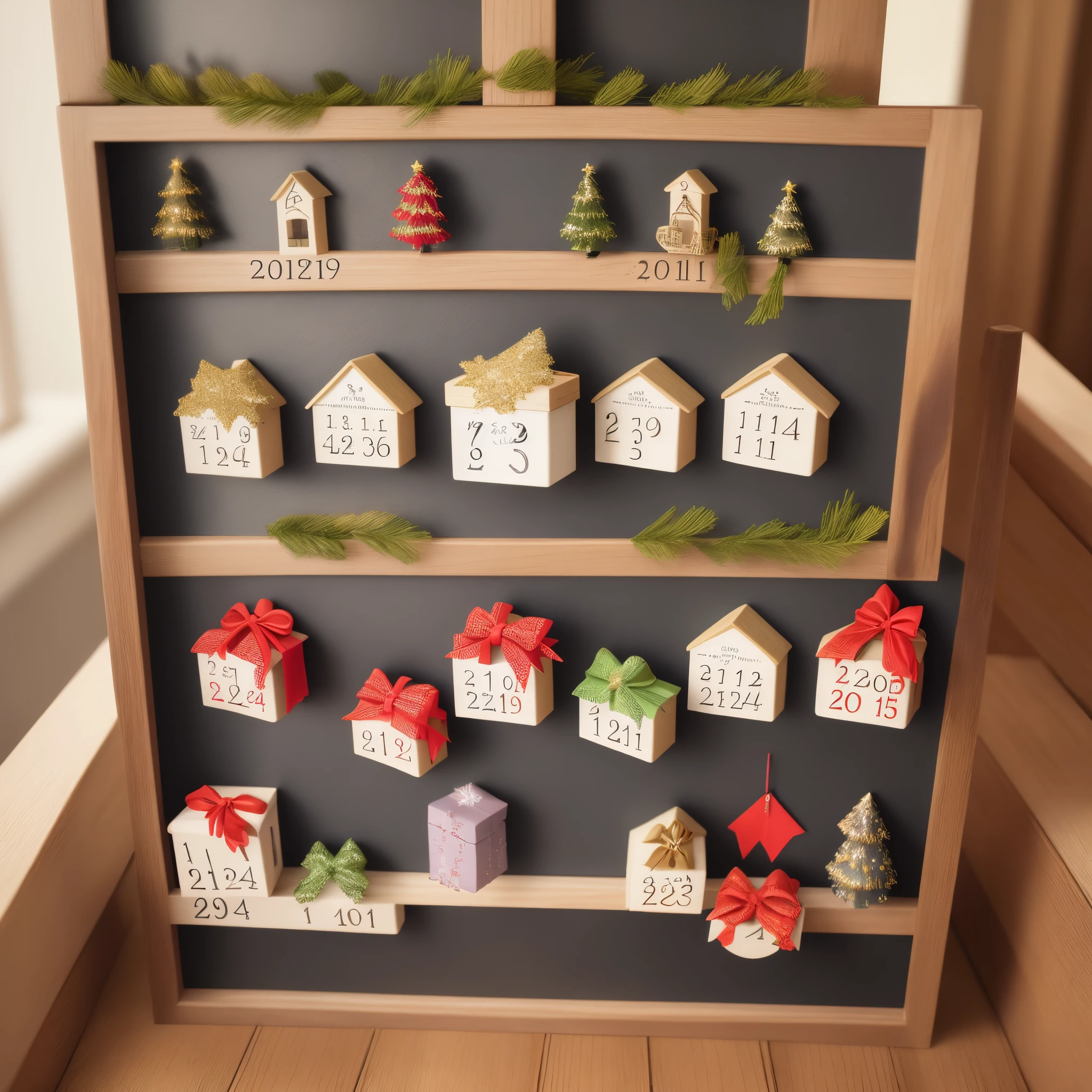 Realistic wooden advent calendar with 25 boxes painted white or gold in a uniform 5 by 5 grid and a sequential numeral from 1 to 25 on the front face of each box and a silhouette nativity scene on top of the grid