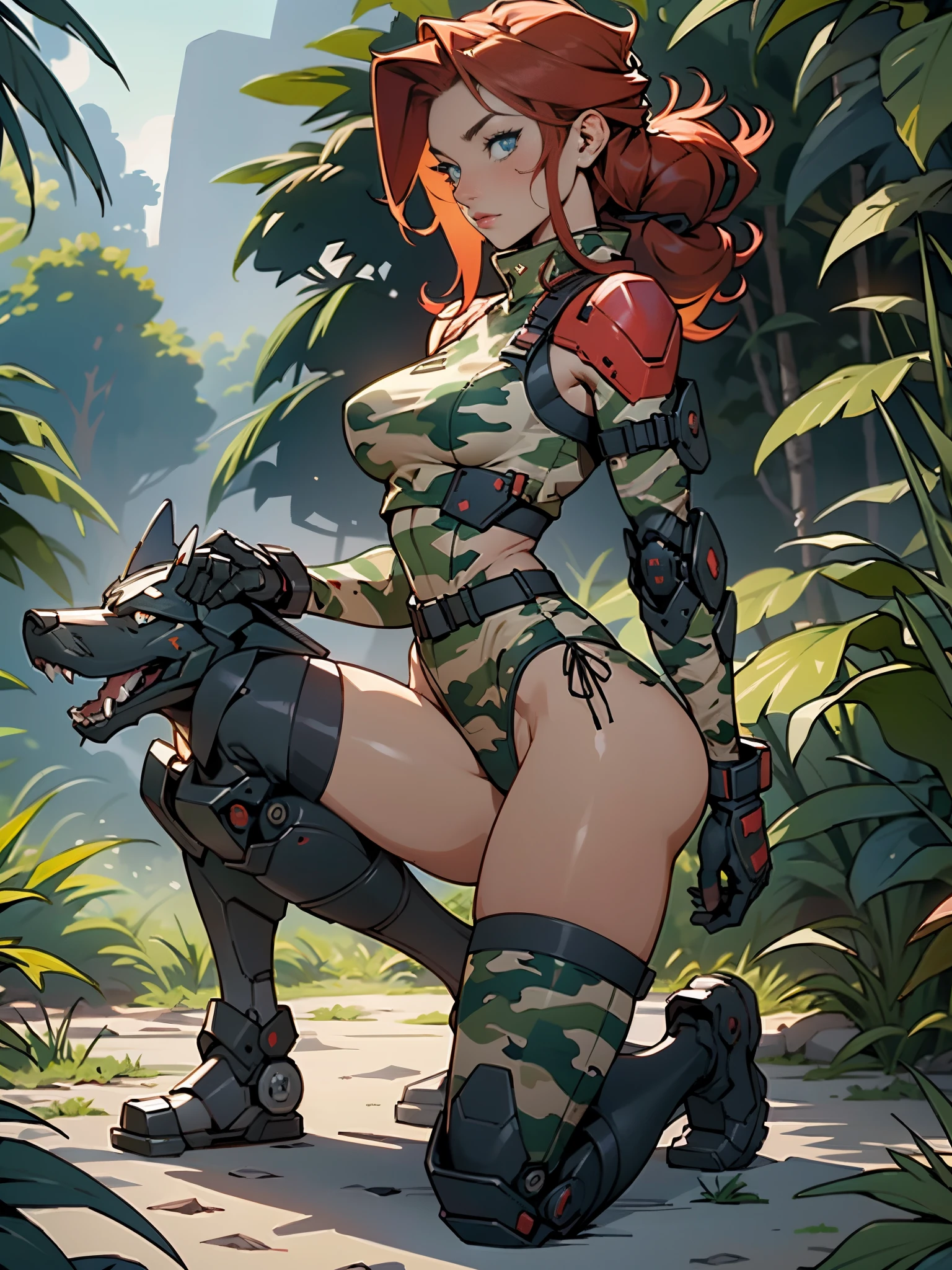 1woman 20 years old, max resolution, sculpted, military, wearing a soldier helmet, beautiful, perfect body, red hair, blue eyes, perfect body, thin waist, wide hips, large breasts, slim thighs, jungle background, armored vehicle, military robot dog, camouflaged uniform, tight panties, two-piece, highly detailed, high resolution, perfect hands, side view, camo, face fully turned to the side to look at the viewer, turn her head to look at the viewer, genuflection kneeling, one knee on ground, one knee up, bare shoulders