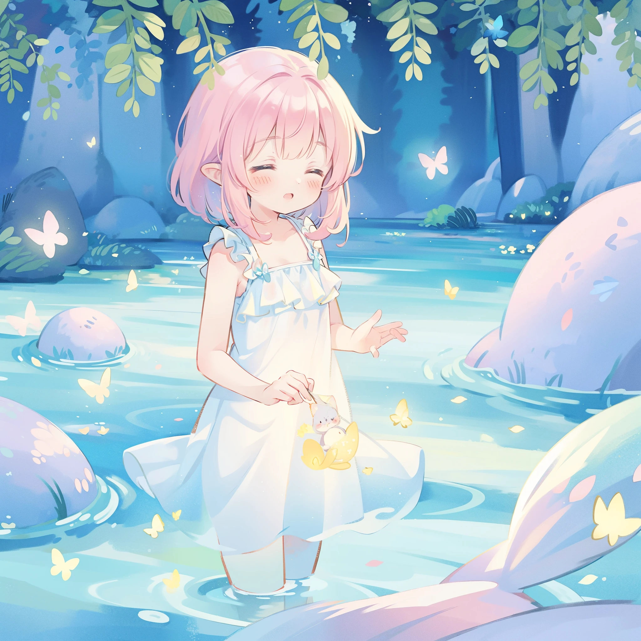 watercolor illustration, vibrant pastel colors, dreamy, colorful, whimsical, magical, masterpiece, best quality, sharp focus, intricately detailed environment, fine detail, 8k resolution, waterfall lagoon, (magical lagoon), (waterfall, lake), glowing butterflies, cute puffy fairy creatures, glowing fairies, beautiful girl in sparkling delicate white dress