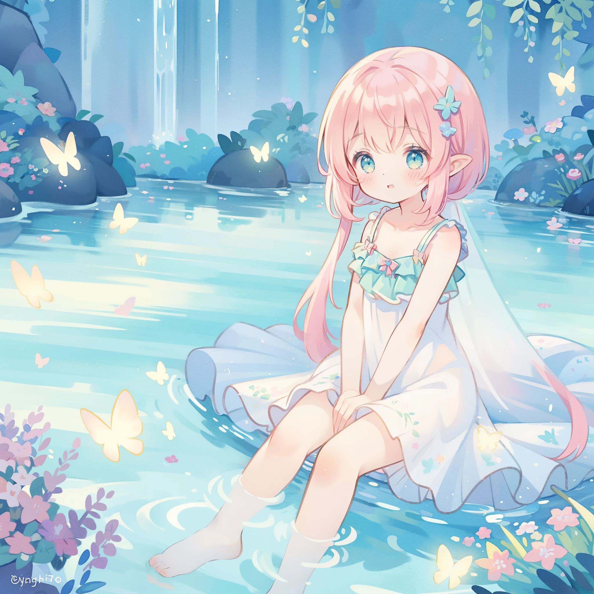 watercolor illustration, vibrant pastel colors, dreamy, colorful, whimsical, magical, masterpiece, best quality, sharp focus, intricately detailed environment, fine detail, 8k resolution, waterfall lagoon, (magical lagoon), (waterfall, lake), glowing butterflies, cute puffy fairy creatures, glowing fairies, beautiful girl in sparkling delicate white dress