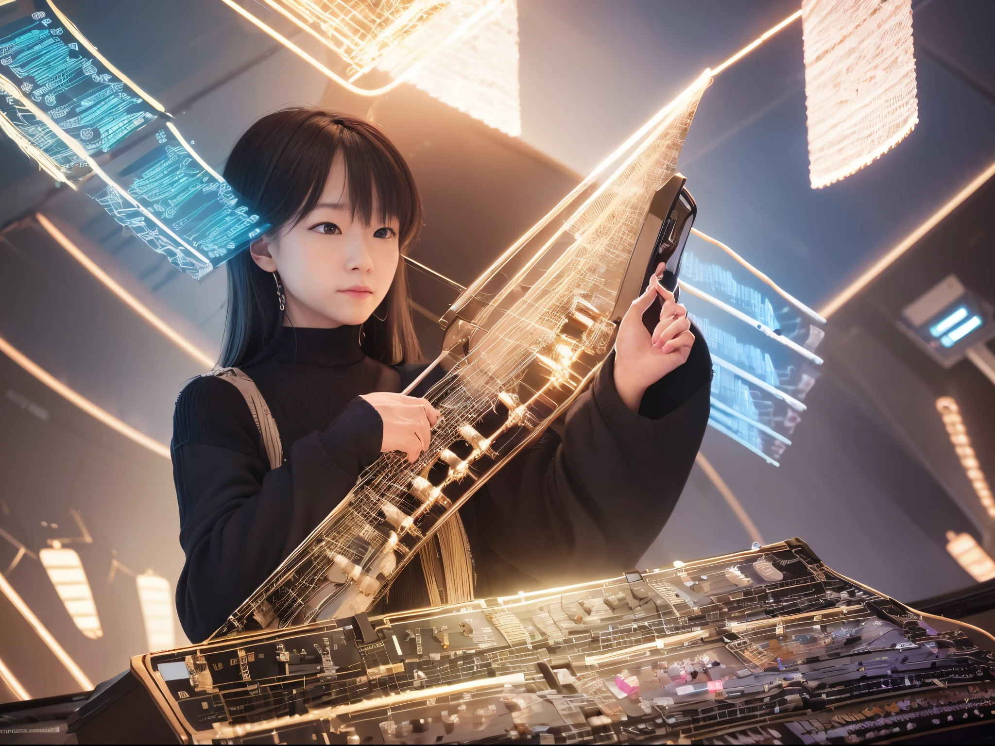 Create a visual symphony of algorithms and data structures. Picture a futuristic orchestra where each instrument is represented by a different element of digital media. The conductor, an AI entity, orchestrates a harmonious blend of pixels, data streams, and file icons, resulting in a mesmerizing symphony of technology.