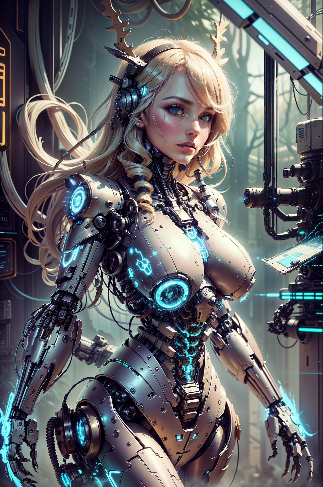 a tall mature (mech_fauna_guardian:1.3)_goddess, milf, 

platinum blonde hair with circuit patterns, piercing digital eyes, (synthetic alloy skin:1.3), wearing an armor suit integrated with wildlife conservation tech, high-resolution detailing capturing her interaction with cybernetic animals in a protected reserve, set in a future where technology and nature merge, her expression one of empathy and determination, surrounded by a variety of mechanical wildlife, from robotic birds to cybernetic deer, tackling the challenges of preserving these unique creatures and maintaining the balance between technology and nature, an ambiance of futuristic conservation and the symbiosis of life and machine. --auto --s2