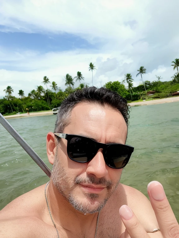 There is a man who is sitting in a boat giving the peace sign, Homem de 4 0 anos, Homens de 45 anos, cerca de 3 5 anos, 3 2 anos, 3 6 anos, 38 anos, vacation photo, Homem de 30 anos, Homem de 26 anos em um veleiro, 3 5 anos, Porto Rico
