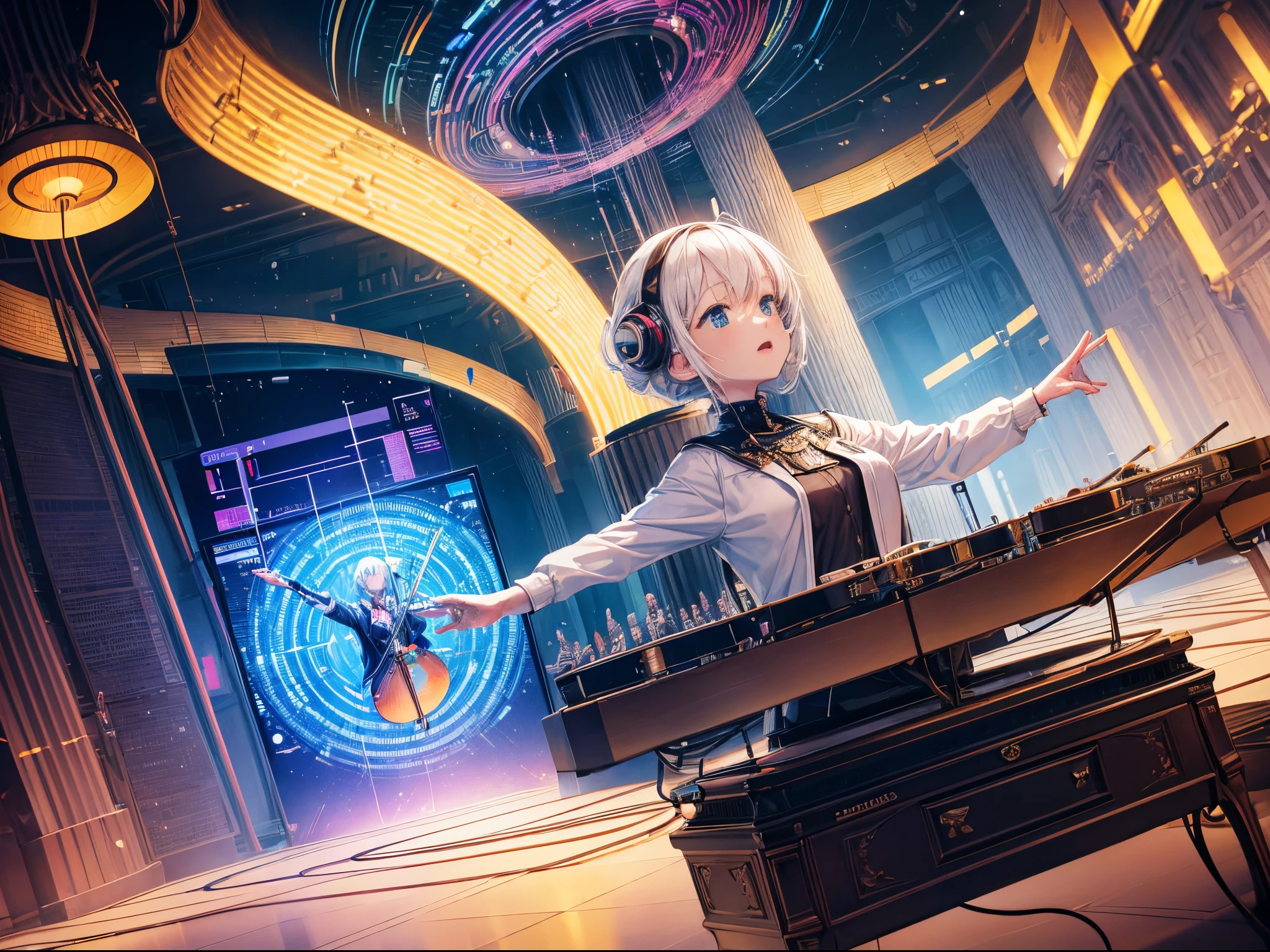Create a visual symphony of algorithms and data structures. Picture a futuristic orchestra where each instrument is represented by a different element of digital media. The conductor, an AI entity, orchestrates a harmonious blend of pixels, data streams, and file icons, resulting in a mesmerizing symphony of technology.
