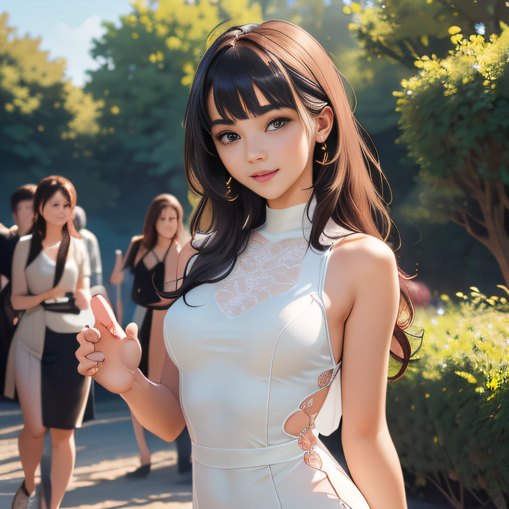 (Extremely detailed 8k wallpaper:2), (photo:2), (soigne Beautiful girl:2), (gives a lecture to friends:2), detailed (Face and eyes), (hyper realistic:1), (highly detailed:1), (epic realistic:1), rim light, (maximum details:1), cozy, (fullbody:1.3), (looking at viewer:2), (Woman's Attractive Qualities:2), (Attractive Woman:2), (Attractive:2), Smile, Intelligence, Empathy, Gracefulness, Sense of Style, Fitness, Grooming, Optimism, (Sensitivity:2), Sincerity, Romantic Gestures, Playfulness, Fashion Sense, (Sensuality:2), Charm, Modesty, Thoughtfulness, (Femininity:1), Flirtatiousness, Warmth, (Physical attractiveness:2), A beautiful smile, A love of life, strength and power, vulnerability, curiosity, wonder, love, (nature background:2), kawaii, waifu, Beautiful breasts, (attractive body:2), (Beautiful body:2), Beautiful pose, attractive pose, (Beautiful legs:1.0), (spread legs:1.0), (Beautiful clothes:1), (classic clothes:2), (elegant clothes:2), (European clothes:2), detailed clothes, (skirt:1), (blouse:1), (provocative pose)