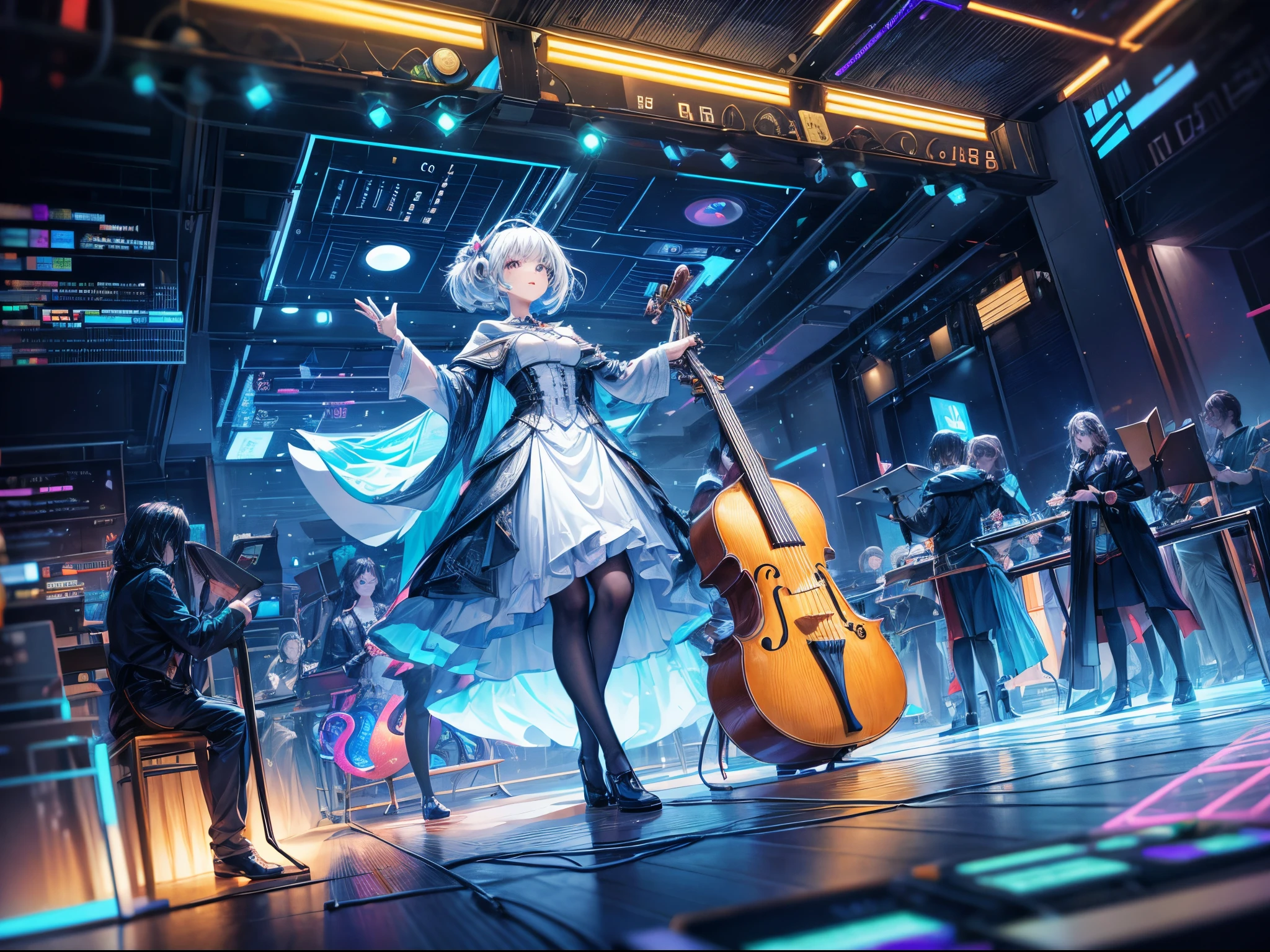 Create a visual symphony of algorithms and data structures. Picture a futuristic orchestra where each instrument is represented by a different element of digital media. The conductor, an AI entity, orchestrates a harmonious blend of pixels, data streams, and file icons, resulting in a mesmerizing symphony of technology.