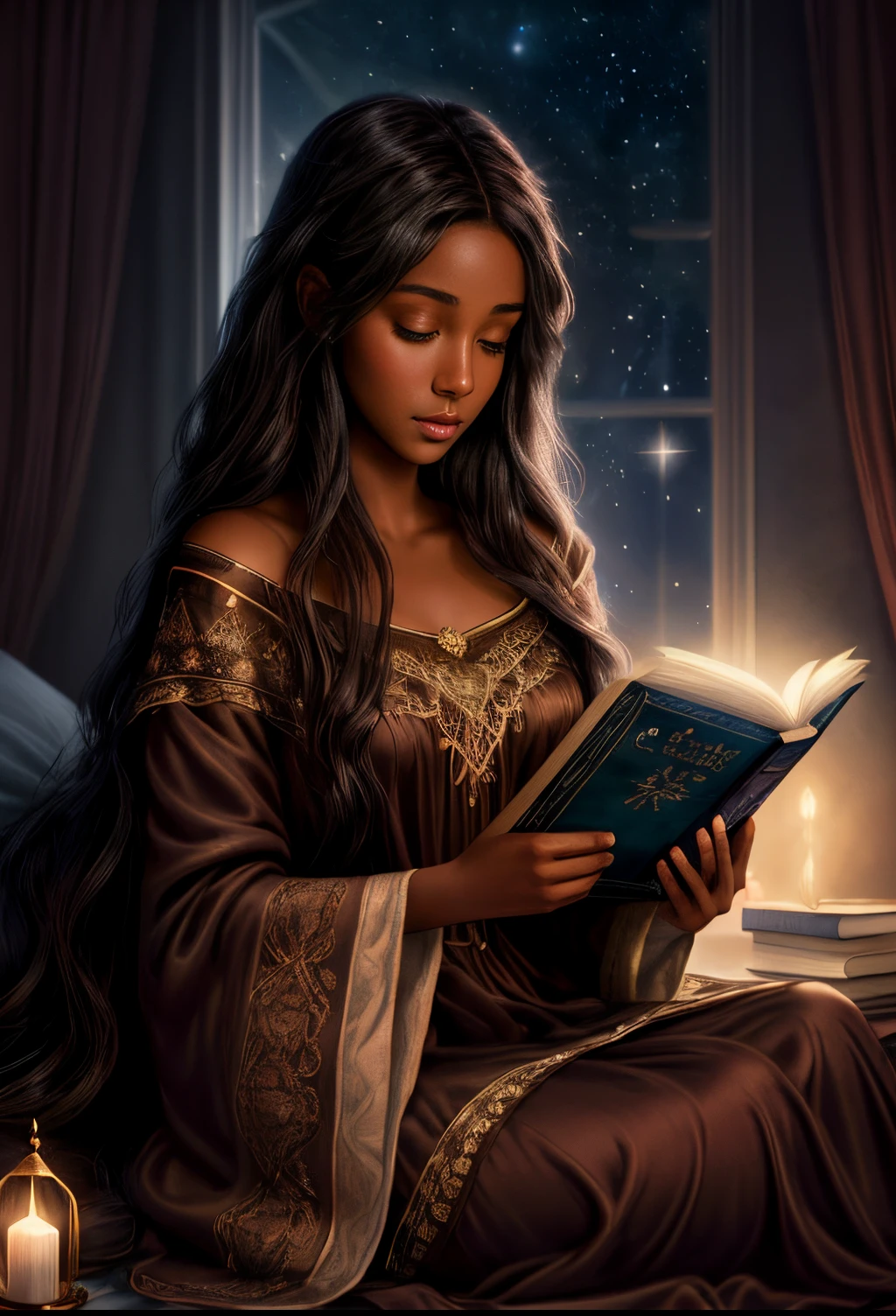 A realistic cartoon illustration image of a bare faced young black fairytale princess with long brown hair light eyes and dark skin. she reads under the covers wearing in a full length detailed embroidered night gown, she is looking at a large magical glowing book, cozy mysteries dark mood, night time, starlight, high quality, ultra high resolution, background, masterpiece, detailed