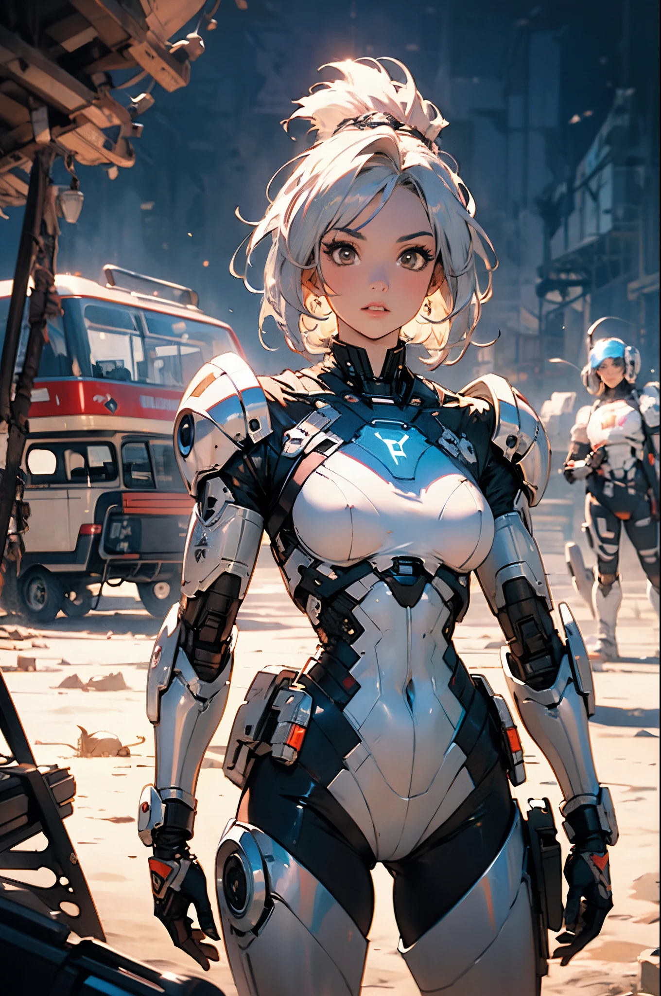 masterpiece, concept art, a woman in a leather outfit posing for a picture, a character portrait, featured on deviantart, standing in the desert, cyborg - girl with silver hair, abdominal muscles, neo - gypsy caravan, diablo - 3, mohawk haircut, tactical squads :9, abdomen, movie photo, droid, beautiful iranian woman, abs, epic composition, epic proportion, HD
