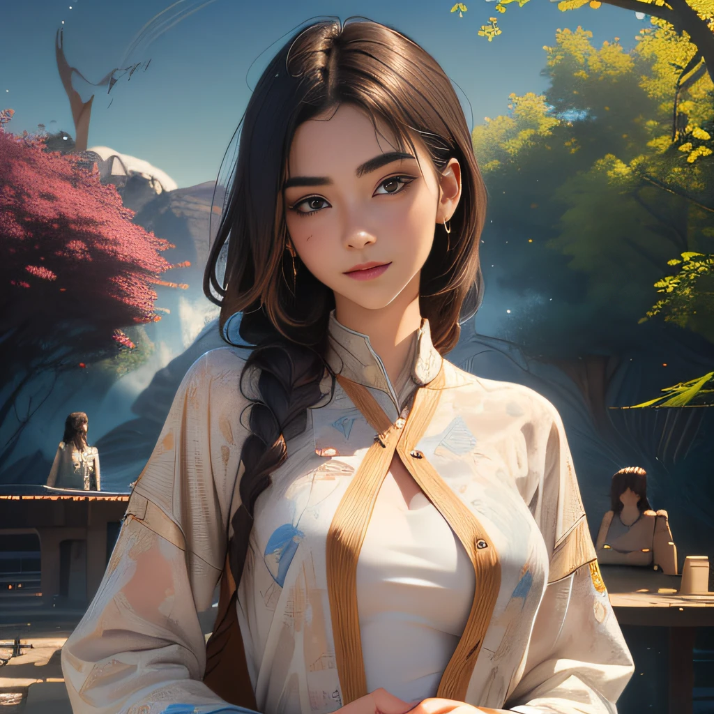 (Extremely detailed 8k wallpaper:2), (photo:2), (18 years old soigne Beautiful girl:2), (gives a lecture to friends:2), detailed (Face and eyes), (hyper realistic:1), (highly detailed:1), (epic realistic:1), rim light, (maximum details:1), cozy, (fullbody:1.3), (looking at viewer:2.0), (Woman's Attractive Qualities:2), (Attractive Woman:2), (Attractive:2), Smile, Intelligence, Empathy, Gracefulness, Sense of Style, Fitness, Grooming, Optimism, (Sensitivity:2), Sincerity, Romantic Gestures, Playfulness, Fashion Sense, (Sensuality:2), Charm, Modesty, Thoughtfulness, (Femininity:1), Flirtatiousness, Warmth, (Physical attractiveness:2), A beautiful smile, A love of life, strength and power, vulnerability, curiosity, wonder, love, (nature background:2), kawaii, waifu, Beautiful breasts, (attractive body:2), (Beautiful body:2), Beautiful pose, attractive pose, (Beautiful legs:1.0), (Beautiful clothes:1), (classic clothes:2), (elegant clothes:2), (European clothes:2), detailed clothes, (skirt:1), (blouse:1), (provocative pose)