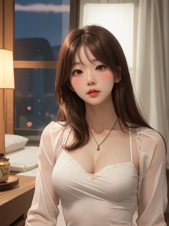 attractive korean woman, ripped muscle, muscular body, small breast, pale skin, sad(blush), sundress, thin necklace, sixpack abs, [ultra detailed skin:1.2], brown hair, long hair, 8k uhd, full body, stand, night, bedroom,