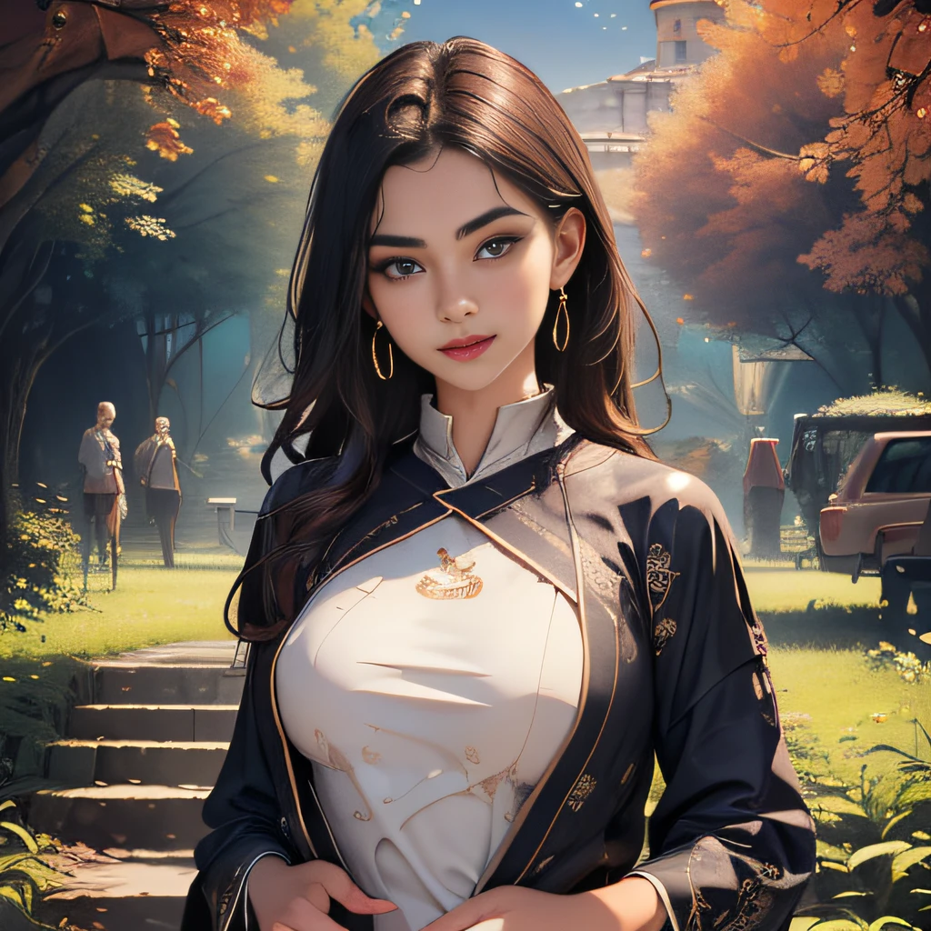 (Extremely detailed 8k wallpaper:2), (photo:2), (18 years old soigne Beautiful girl:2), (gives a lecture to friends:2), detailed (Face and eyes), (hyper realistic:1), (highly detailed:1), (epic realistic:1), rim light, (maximum details:1), cozy, (fullbody:1.3), (looking at viewer:2.0), (Woman's Attractive Qualities:2), (Attractive Woman:2), (Attractive:2), Smile, Intelligence, Empathy, Gracefulness, Sense of Style, Fitness, Grooming, Optimism, (Sensitivity:2), Sincerity, Romantic Gestures, Playfulness, Fashion Sense, (Sensuality:2), Charm, Modesty, Thoughtfulness, (Femininity:1), Flirtatiousness, Warmth, (Physical attractiveness:2), A beautiful smile, A love of life, strength and power, vulnerability, curiosity, wonder, love, (nature background:2), kawaii, waifu, Beautiful breasts, (attractive body:2), (Beautiful body:2), Beautiful pose, attractive pose, (Beautiful legs:1.0), (Beautiful clothes:1), (classic clothes:2), (elegant clothes:2), (European clothes:2), detailed clothes, (skirt:1), (blouse:1), (provocative pose)