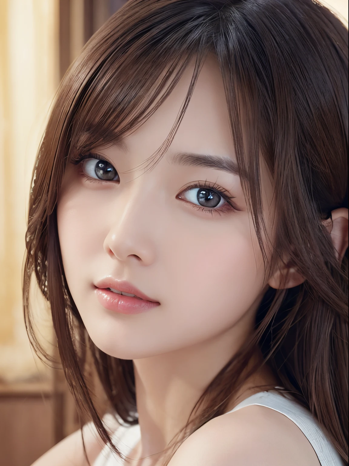 ​masterpiece、1 beautiful girl、detailed brown eyes、Puffy eyes、top-quality, 超A high resolution, (Realisticity: 1.4), cinematlic lighting、(japanes)、Asian Beauty、Super beauty、age19、Beautiful skin、A slender、(Look at viewers)、(A hyper-realistic)、(hight resolution)、(8K)、(ighly detailed)、(beautifully detailed eyes)、(ultra-detailliert)、 (wall-paper)、A detailed face、Bright lighting、profetional lighting、