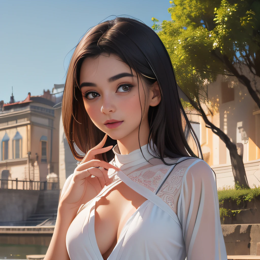 (Extremely detailed 8k wallpaper:2), (photo:2), (18 years old soigne Beautiful girl:2), (gives a lecture to friends:2), detailed (Face and eyes), (hyper realistic:1), (highly detailed:1), (epic realistic:1), rim light, (maximum details:1), cozy, (fullbody:1.3), (looking at viewer:2.0), (Woman's Attractive Qualities:2), (Attractive Woman:2), (Attractive:2), Smile, Intelligence, Empathy, Gracefulness, Sense of Style, Fitness, Grooming, Optimism, (Sensitivity:2), Sincerity, Romantic Gestures, Playfulness, Fashion Sense, (Sensuality:2), Charm, Modesty, Thoughtfulness, (Femininity:1), Flirtatiousness, Warmth, (Physical attractiveness:2), A beautiful smile, A love of life, strength and power, vulnerability, curiosity, wonder, love, (nature background:2), kawaii, waifu, Beautiful breasts, (attractive body:2), (Beautiful body:2), Beautiful pose, attractive pose, (Beautiful legs:1.0), (Beautiful clothes:1), (classic clothes:2), (elegant clothes:2), (European clothes:2), detailed clothes, (skirt:1), (blouse:1), (provocative pose)