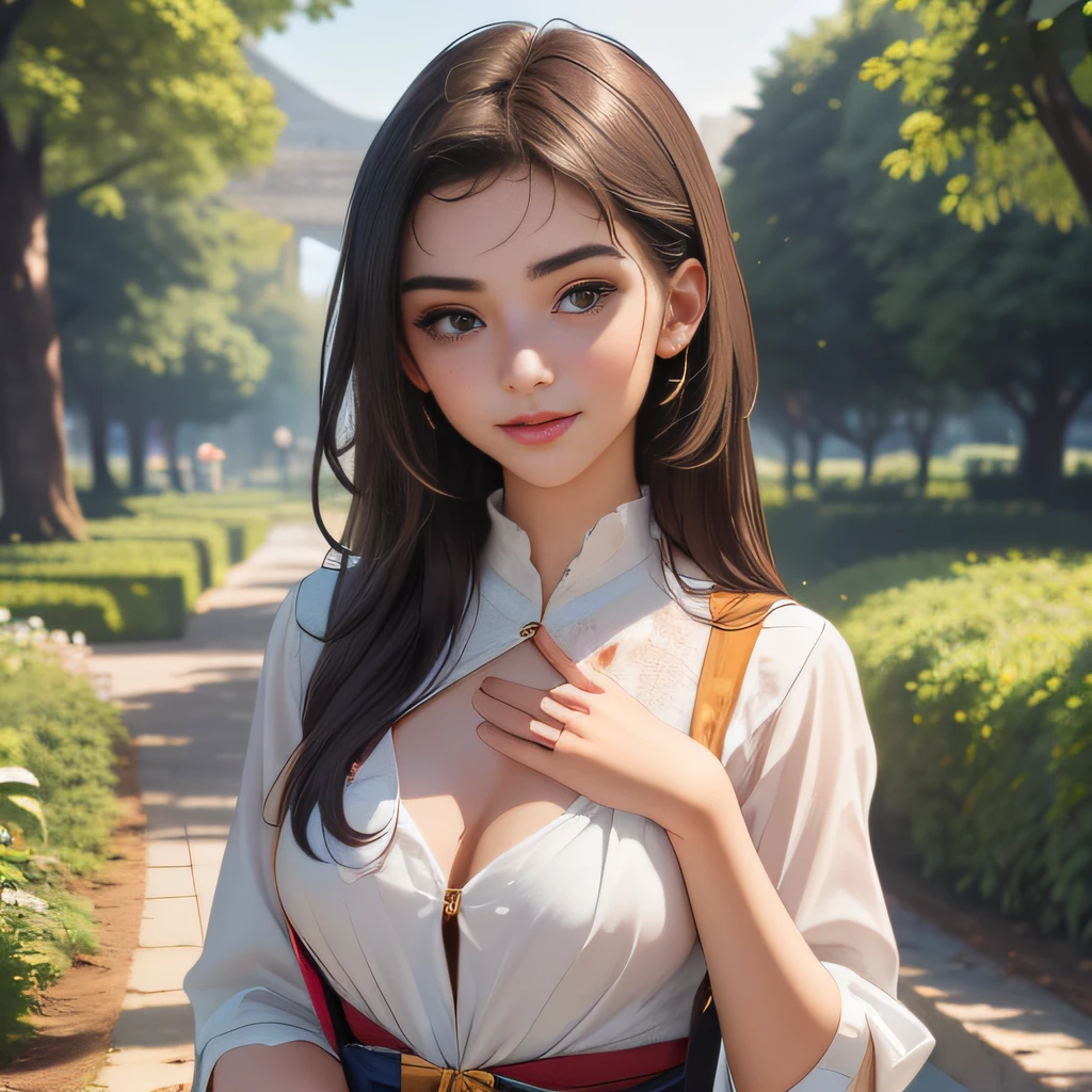 (Extremely detailed 8k wallpaper:2), (photo:2), (18 years old soigne Beautiful girl:2), (gives a lecture to friends:2), detailed (Face and eyes), (hyper realistic:1), (highly detailed:1), (epic realistic:1), rim light, (maximum details:1), cozy, (fullbody:1.3), (looking at viewer:2.0), (Woman's Attractive Qualities:2), (Attractive Woman:2), (Attractive:2), Smile, Intelligence, Empathy, Gracefulness, Sense of Style, Fitness, Grooming, Optimism, (Sensitivity:2), Sincerity, Romantic Gestures, Playfulness, Fashion Sense, (Sensuality:2), Charm, Modesty, Thoughtfulness, (Femininity:1), Flirtatiousness, Warmth, (Physical attractiveness:2), A beautiful smile, A love of life, strength and power, vulnerability, curiosity, wonder, love, (nature background:2), kawaii, waifu, Beautiful breasts, (attractive body:2), (Beautiful body:2), Beautiful pose, attractive pose, (Beautiful legs:1.0), (Beautiful clothes:1), (classic clothes:2), (elegant clothes:2), (European clothes:2), detailed clothes, (skirt:1), (blouse:1), (provocative pose)