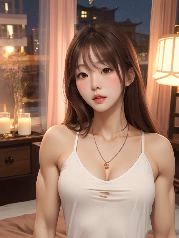 attractive korean woman, ripped muscle, muscular body, small breast, pale skin, sad(blush), sundress, thin necklace, sixpack abs, [ultra detailed skin:1.2], brown hair, long hair, 8k uhd, full body, stand, night, bedroom,