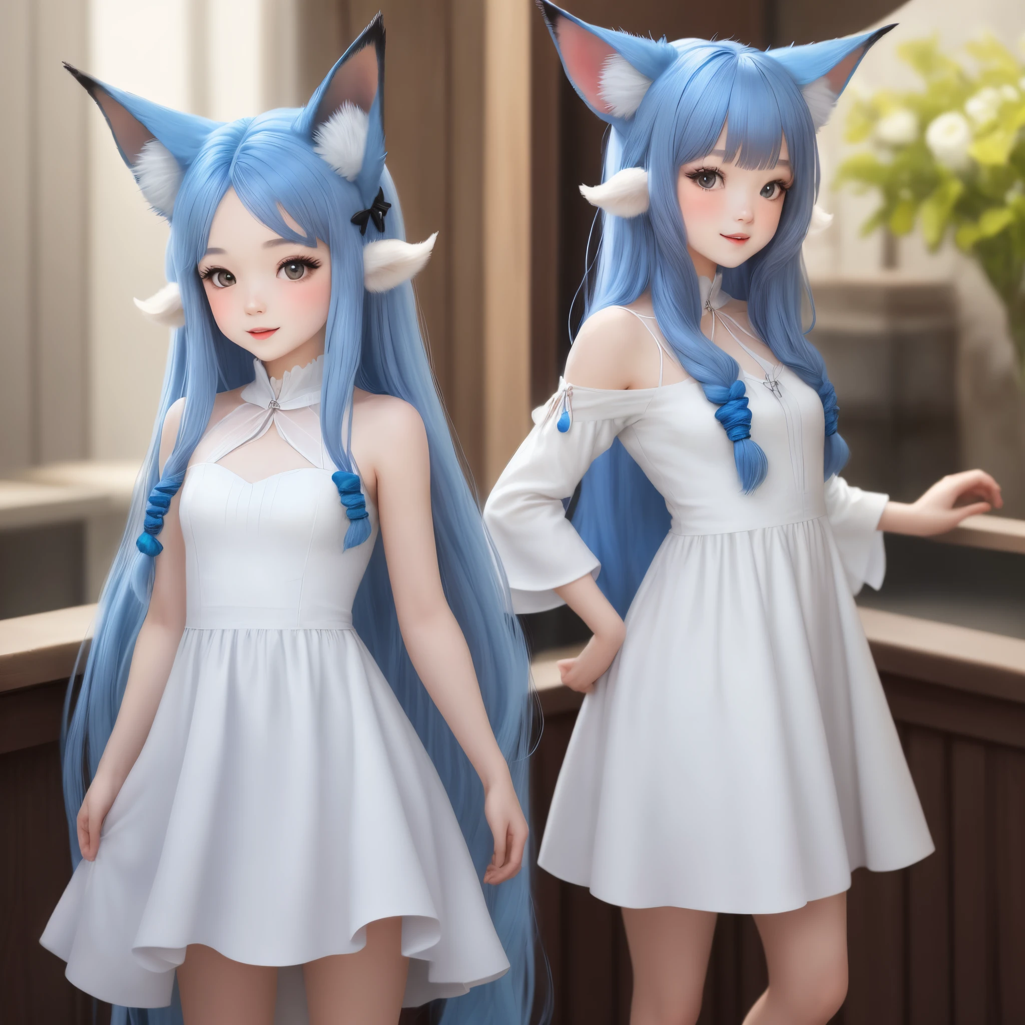 Petite female with long blue hair, fox ears, horns, and a white dress