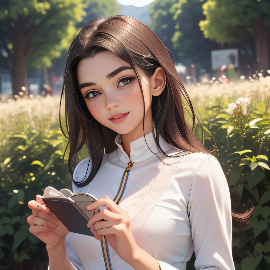 (Extremely detailed 8k wallpaper:2), (photo:2), (18 years old soigne Beautiful girl:2), (gives a lecture to friends:2), detailed (Face and eyes), (hyper realistic:1), (highly detailed:1), (epic realistic:1), rim light, (maximum details:1), cozy, (fullbody:1.3), (looking at viewer:2.0), (Woman's Attractive Qualities:2), (Attractive Woman:2), (Attractive:2), Smile, Intelligence, Empathy, Gracefulness, Sense of Style, Fitness, Grooming, Optimism, (Sensitivity:2), Sincerity, Romantic Gestures, Playfulness, Fashion Sense, (Sensuality:2), Charm, Modesty, Thoughtfulness, (Femininity:1), Flirtatiousness, Warmth, (Physical attractiveness:2), A beautiful smile, A love of life, strength and power, vulnerability, curiosity, wonder, love, (nature background:2), kawaii, waifu, Beautiful breasts, (attractive body:2), (Beautiful body:2), Beautiful pose, attractive pose, (Beautiful legs:1.0), (Beautiful clothes:1), (classic clothes:2), (elegant clothes:2), (European clothes:2), detailed clothes, (skirt:1), (blouse:1), (provocative pose)