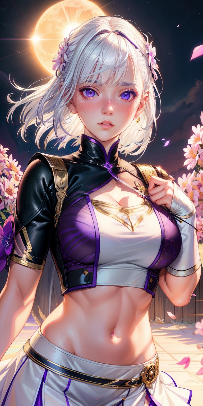 realistic, 1girl, white hair, purple eyes, glowing eyes, crop top, skirt, parted lips, blush, night, flowers, sun, sunlight,