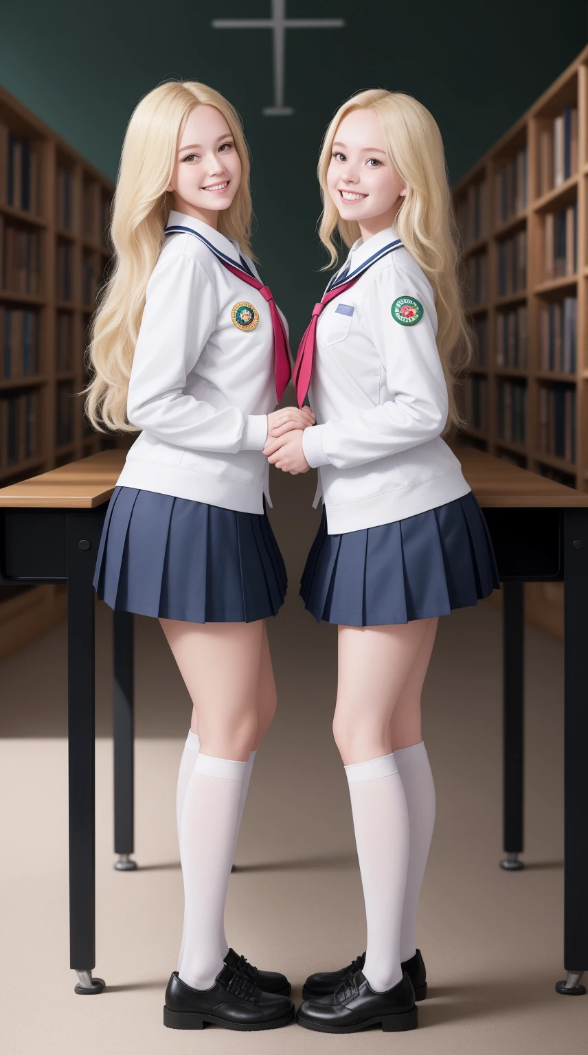 Almost Identical Twin Stepdaughters Joey White and Sami White, long blonde hair, white skin, Joey White and Sami White, 2 full body twins, masterpiece, a beautiful schoolgirl, long blonde hair, (fantasy library background), erotic photoshoot, bent over a desk, from front side, girlscout uniform, shackles on legs, cow bell on neck, happy face, looking to the viewer