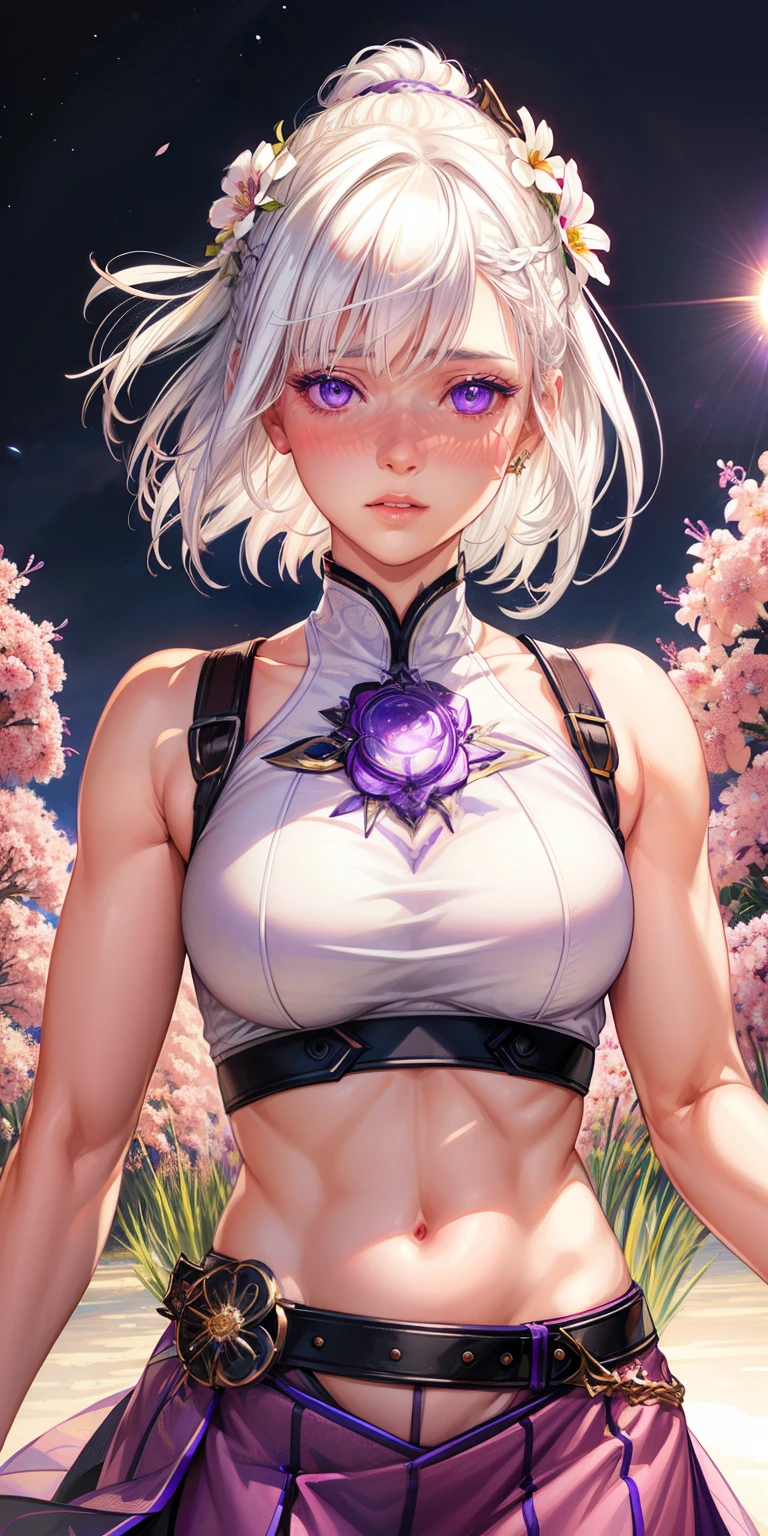 anime, 1girl, white hair, purple eyes, glowing eyes, crop top, skirt, parted lips, blush, night, flowers, sun, sunlight,
