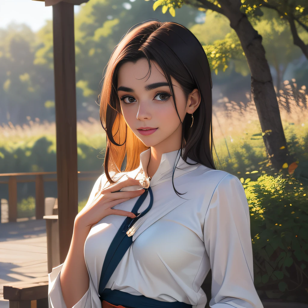 (Extremely detailed 8k wallpaper:2), (photo:2), (18 years old soigne Beautiful girl:2), (gives a lecture to friends:2), detailed (Face and eyes), (hyper realistic:1), (highly detailed:1), (epic realistic:1), rim light, (maximum details:1), cozy, (fullbody:1.3), (looking at viewer:2.0), (Woman's Attractive Qualities:2), (Attractive Woman:2), (Attractive:2), Smile, Intelligence, Empathy, Gracefulness, Sense of Style, Fitness, Grooming, Optimism, (Sensitivity:2), Sincerity, Romantic Gestures, Playfulness, Fashion Sense, (Sensuality:2), Charm, Modesty, Thoughtfulness, (Femininity:1), Flirtatiousness, Warmth, (Physical attractiveness:2), A beautiful smile, A love of life, strength and power, vulnerability, curiosity, wonder, love, (nature background:2), kawaii, waifu, Beautiful breasts, (attractive body:2), (Beautiful body:2), Beautiful pose, attractive pose, (Beautiful legs:1.0), (Beautiful clothes:1), (classic clothes:2), (elegant clothes:2), (European clothes:2), detailed clothes, (skirt:1), (blouse:1), (provocative pose)
