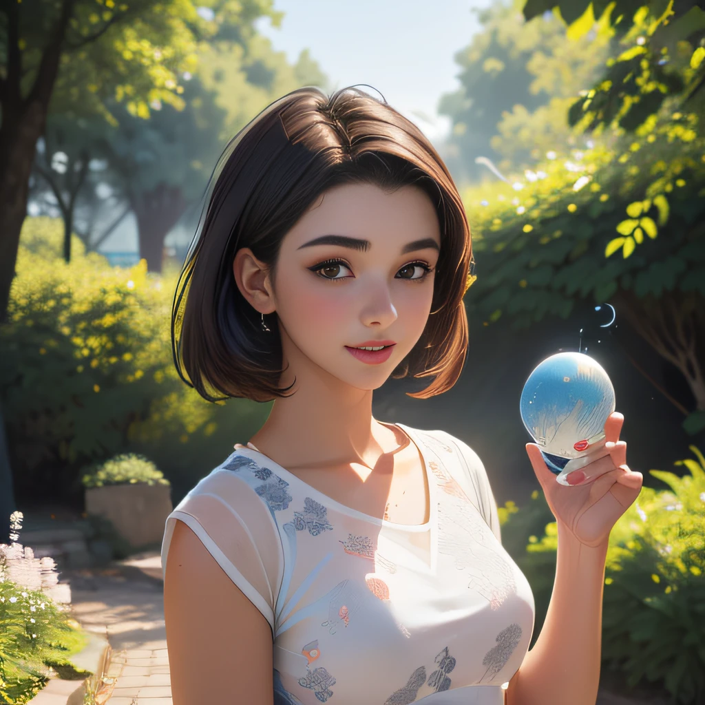 Beautiful girl blowing soap bubbles、verandah,A bustling city