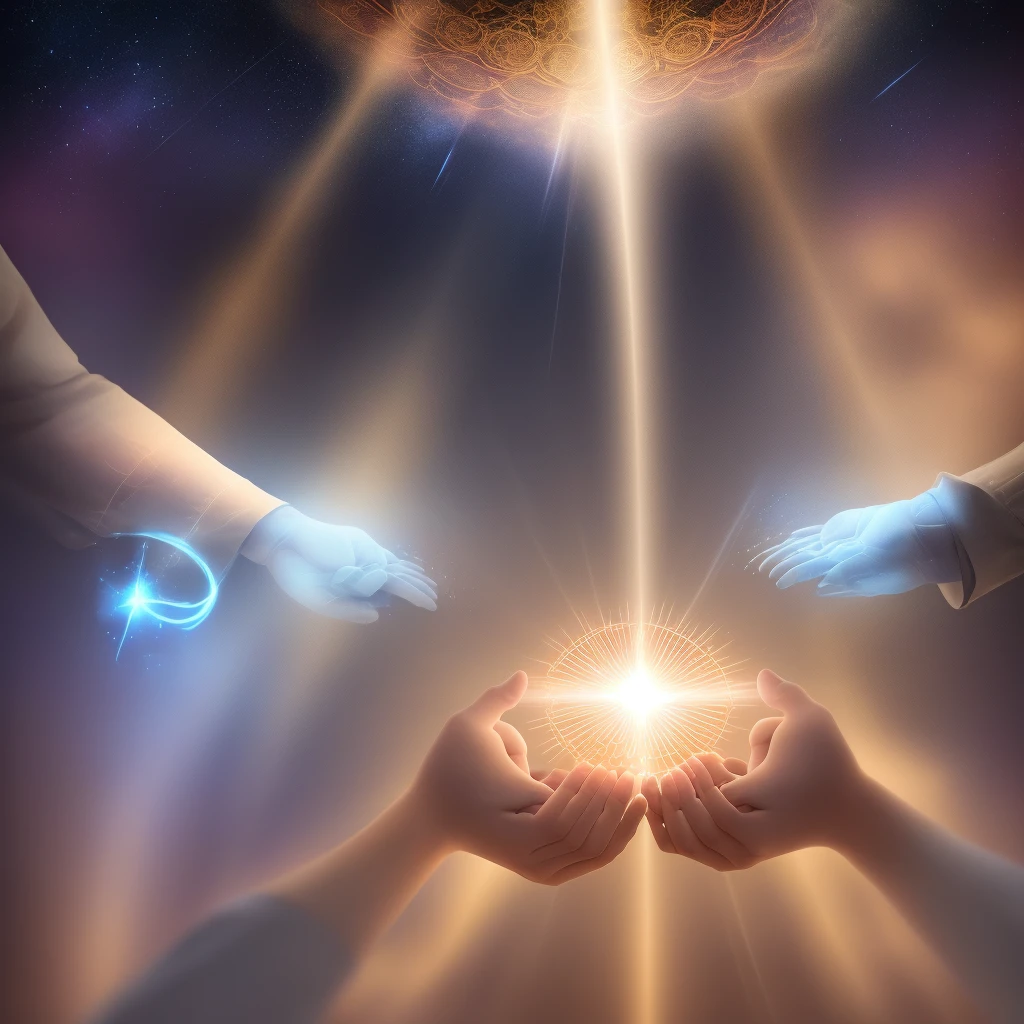 In an ethereal environment, a beam of celestial light illuminates hands joined in prayer, emanating an aura of serenity and hope. The background suggests transcendence, highlighting the powerful spiritual connection found in the practice of prayer.