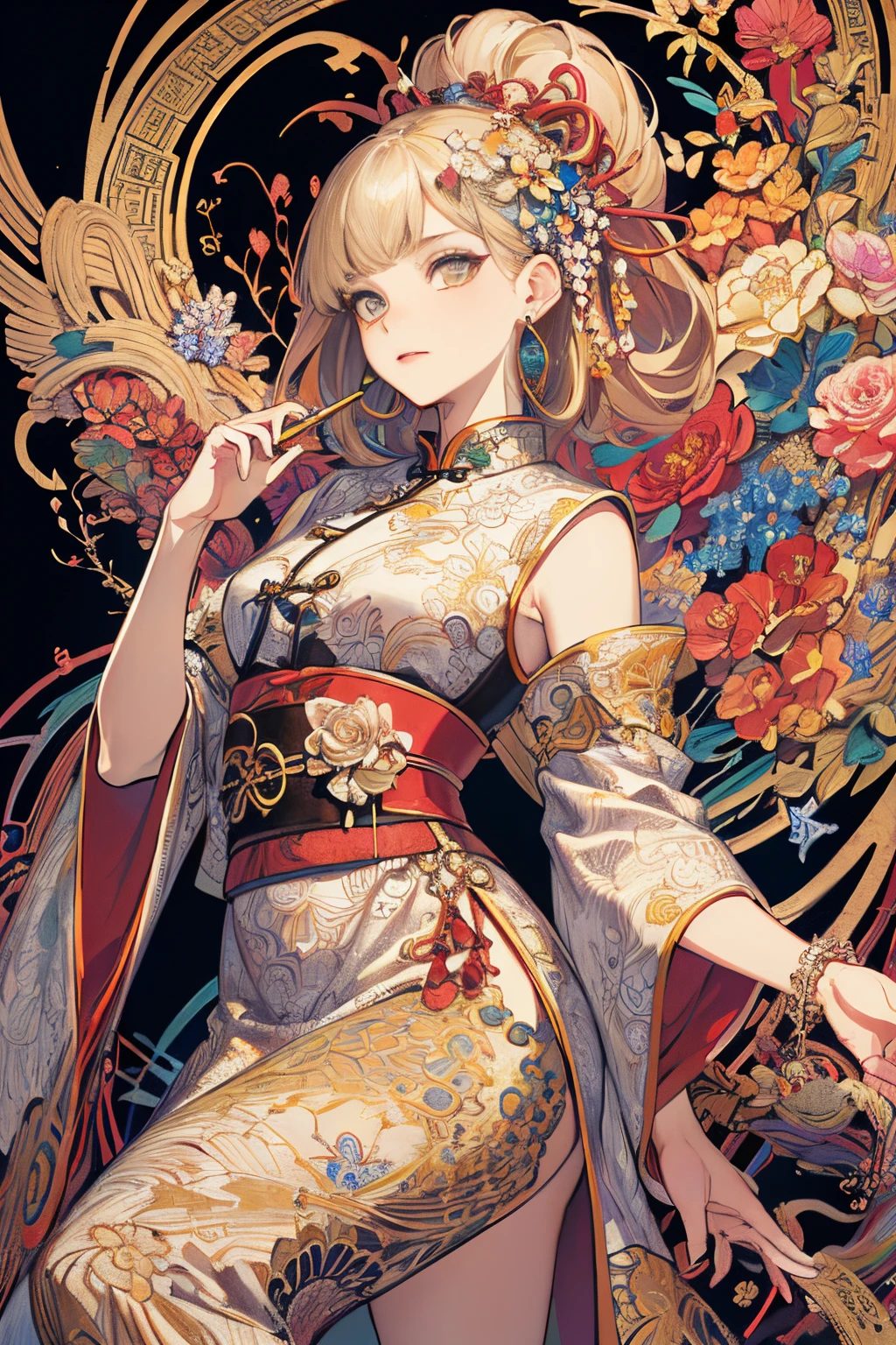 (Masterpiece, Top Quality, Best Quality, Official Art, Beautiful and Aesthetic: 1.2), (Calico: 1.3), Highly Detailed, (Fractal Art: 1.1), (Colorful: 1.1) (Flower: 1.3), Supreme Detail, (Zentangle: 1.2), (Dynamic Pose), (Abstract Background: 1.3), (Chinese Traditional Cloth: 1.2), (Shiny Skin), (Many Colors: 1.4), (Earrings:1.4)、