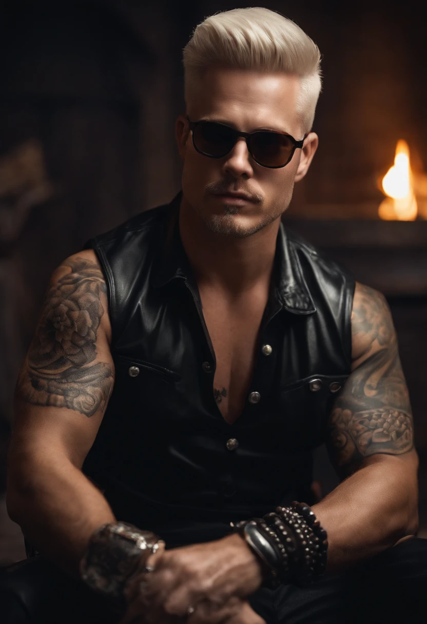 A sizzling plate of Texas-style BBQ ribs, caramelized and charred to perfection,original,He is a white man. He has platinum blonde short hair that he wears spiked up. He also keeps a dark goatee. He is chubby. He often wears accessories like spiked punk bracelets and black Oakley sunglasses. He has tattoos on his left arm. His ears are pierced.