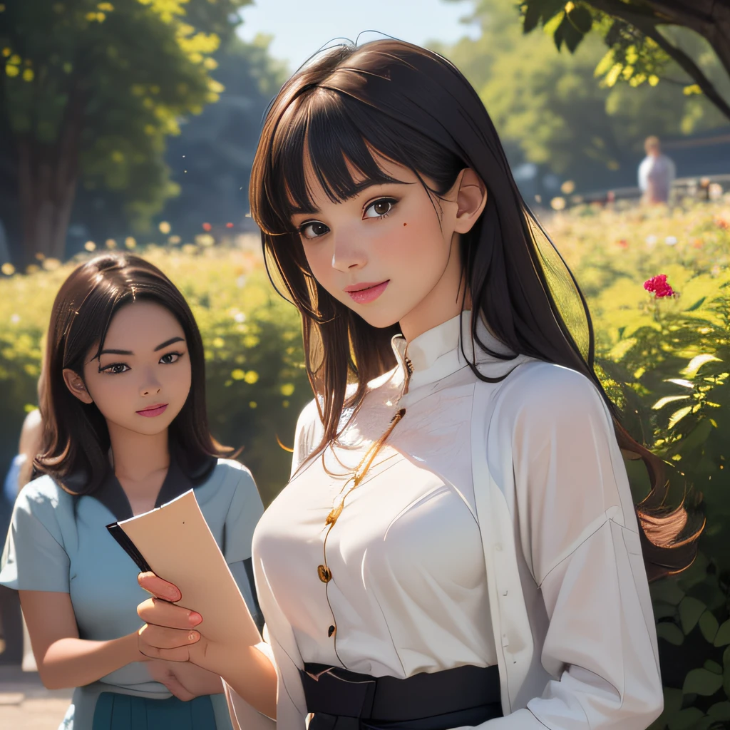 (Extremely detailed 8k wallpaper:2), (photo:2), (25 years old soigne Beautiful girl:2), (gives a lecture to friends:2), detailed (Face and eyes), (hyper realistic:1), (highly detailed:1), (epic realistic:1), rim light, (maximum details:1), cozy, (fullbody:1.3), (looking at viewer:2), (Woman's Attractive Qualities:2), (Attractive Woman:2), (Attractive:2), Smile, Intelligence, Empathy, Gracefulness, Sense of Style, Fitness, Grooming, Optimism, (Sensitivity:2), Sincerity, Romantic Gestures, Playfulness, Fashion Sense, (Sensuality:2), Charm, Modesty, Thoughtfulness, (Femininity:1), Flirtatiousness, Warmth, (Physical attractiveness:2), A beautiful smile, A love of life, strength and power, vulnerability, curiosity, wonder, love, (nature background:2), kawaii, waifu, Beautiful breasts, (attractive body:2), (Beautiful body:2), Beautiful pose, attractive pose, (Beautiful legs:1.0), (Beautiful clothes:1), (classic clothes:2), (elegant clothes:2), (European clothes:2), detailed clothes, (skirt:1), (blouse:1), (provocative pose)