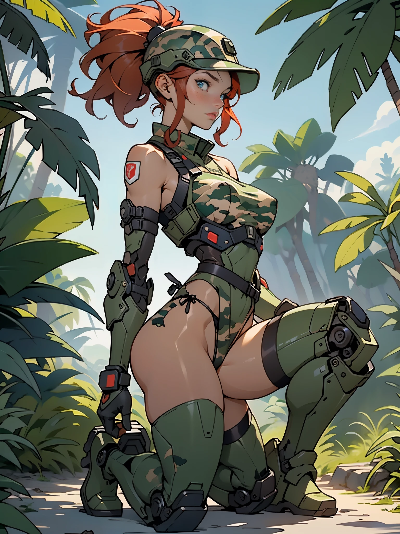 1woman 20 years old, max resolution, sculpted, military, wearing a soldier helmet, beautiful, perfect body, red hair, blue eyes, perfect body, thin waist, wide hips, large breasts, slim thighs, jungle background, armored vehicle, military robot dog, camouflaged uniform, tight panties, two-piece, highly detailed, high resolution, perfect hands, side view, camo, face fully turned to the side to look at the viewer, turn her head to look at the viewer, genuflection kneeling, one knee on ground, one knee up, bare shoulders