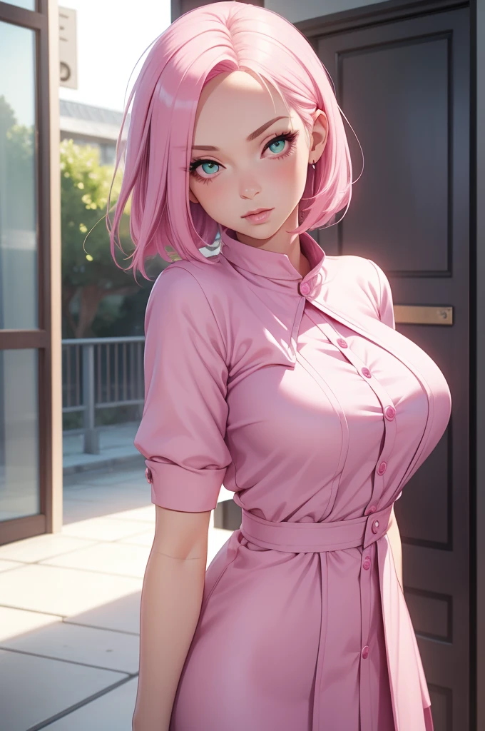 young woman, porcelain skin, short bubblegum pink hair, large forehead, jade green eyes, buttoned nose, pink lips, low-cut dress, Sakura Haruno, realism, 3d