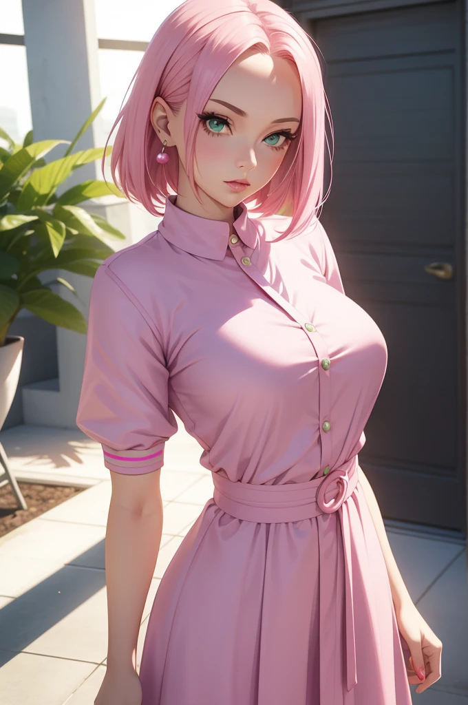 young woman, porcelain skin, short bubblegum pink hair, large forehead, jade green eyes, buttoned nose, pink lips, low-cut dress, Sakura Haruno, realism, 3d