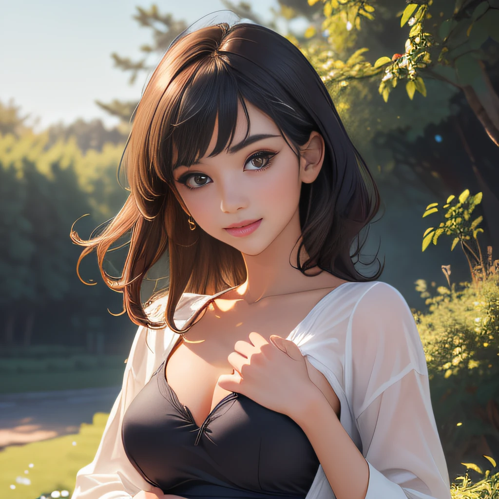 (Extremely detailed 8k wallpaper:2), (photo:2), (25 years old soigne Beautiful girl:2), (gives a lecture to friends:2), detailed (Face and eyes), (hyper realistic:1), (highly detailed:1), (epic realistic:1), rim light, (maximum details:1), cozy, (fullbody:1.3), (looking at viewer:2), (Woman's Attractive Qualities:2), (Attractive Woman:2), (Attractive:2), Smile, Intelligence, Empathy, Gracefulness, Sense of Style, Fitness, Grooming, Optimism, (Sensitivity:2), Sincerity, Romantic Gestures, Playfulness, Fashion Sense, (Sensuality:2), Charm, Modesty, Thoughtfulness, (Femininity:1), Flirtatiousness, Warmth, (Physical attractiveness:2), A beautiful smile, A love of life, strength and power, vulnerability, curiosity, wonder, love, (nature background:2), kawaii, waifu, Beautiful breasts, (attractive body:2), (Beautiful body:2), Beautiful pose, attractive pose, (Beautiful legs:1.0), (Beautiful clothes:1), (classic clothes:2), (elegant clothes:2), (European clothes:2), detailed clothes, (skirt:1), (blouse:1), (provocative pose)