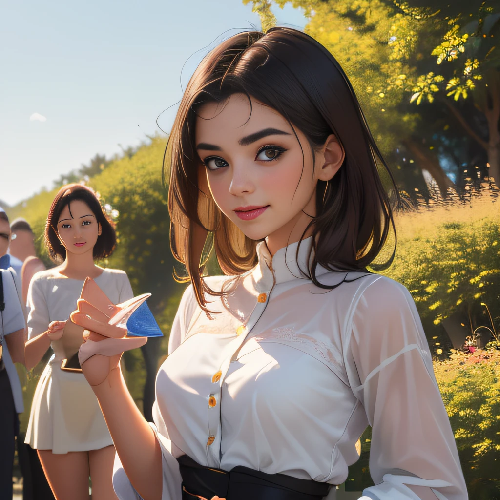 (Extremely detailed 8k wallpaper:2), (photo:2), (25 years old soigne Beautiful girl:2), (gives a lecture to friends:2), detailed (Face and eyes), (hyper realistic:1), (highly detailed:1), (epic realistic:1), rim light, (maximum details:1), cozy, (fullbody:1.3), (looking at viewer:2), (Woman's Attractive Qualities:2), (Attractive Woman:2), (Attractive:2), Smile, Intelligence, Empathy, Gracefulness, Sense of Style, Fitness, Grooming, Optimism, (Sensitivity:2), Sincerity, Romantic Gestures, Playfulness, Fashion Sense, (Sensuality:2), Charm, Modesty, Thoughtfulness, (Femininity:1), Flirtatiousness, Warmth, (Physical attractiveness:2), A beautiful smile, A love of life, strength and power, vulnerability, curiosity, wonder, love, (nature background:2), kawaii, waifu, Beautiful breasts, (attractive body:2), (Beautiful body:2), Beautiful pose, attractive pose, (Beautiful legs:1.0), (Beautiful clothes:1), (classic clothes:2), (elegant clothes:2), (European clothes:2), detailed clothes, (skirt:1), (blouse:1), (provocative pose)