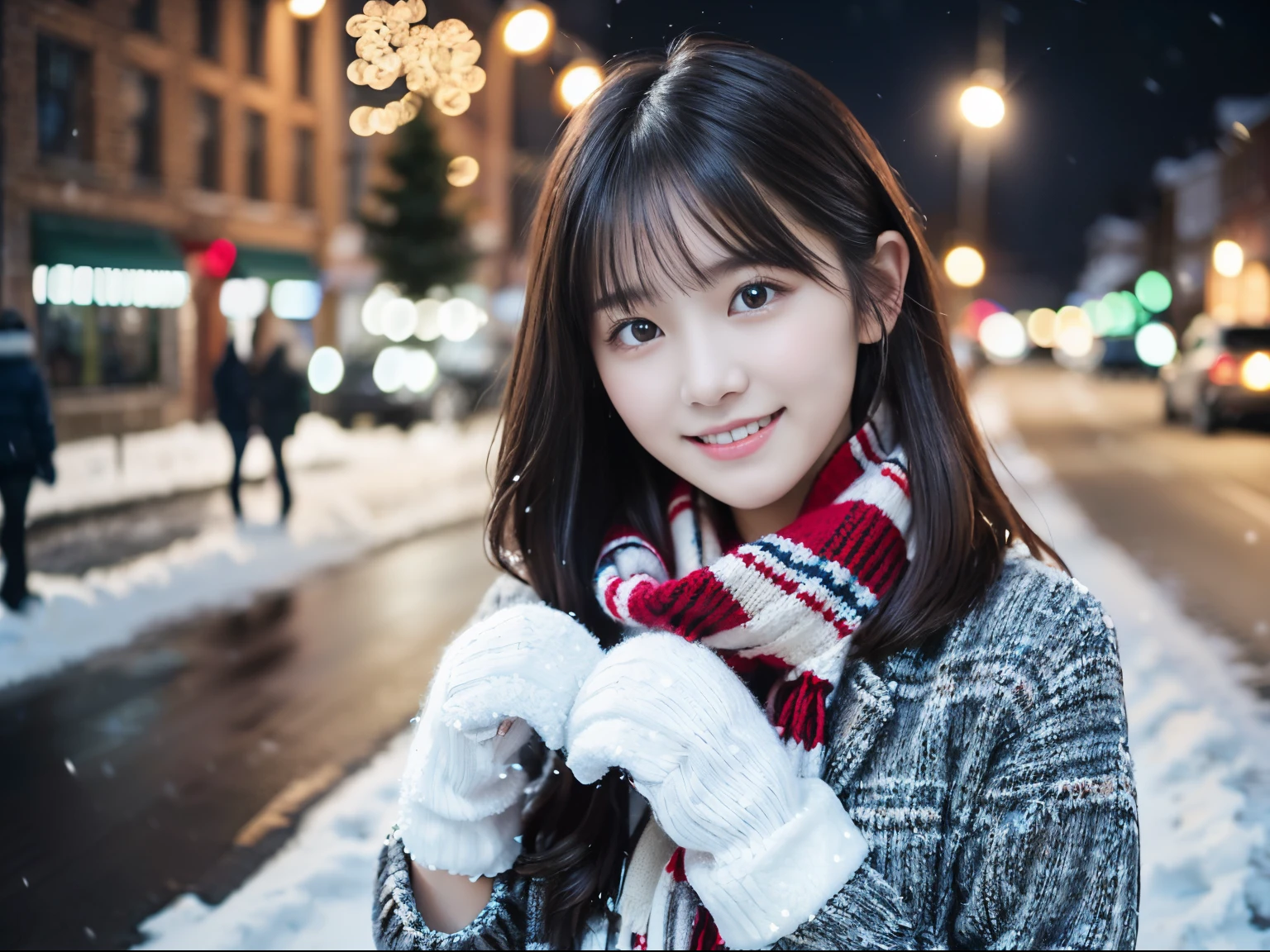 (Close-up of a girl is、With long hair to take,Dull bangs,Please wear a winter uniform and scarf jacket:1.5)、(Shy smiling girl、Gift box with wool gloves in hand:1.5)、(Snowy winter night street corner with Christmas lights:1.5)、(Perfect Anatomy:1.3)、(No mask:1.3)、(complete fingers:1.3)、Photorealistic、Photography、masutepiece、top-quality、High resolution, delicate and pretty、face perfect、Beautiful detailed eyes、Fair skin、Real Human Skin、pores、((thin legs))、(Dark hair)