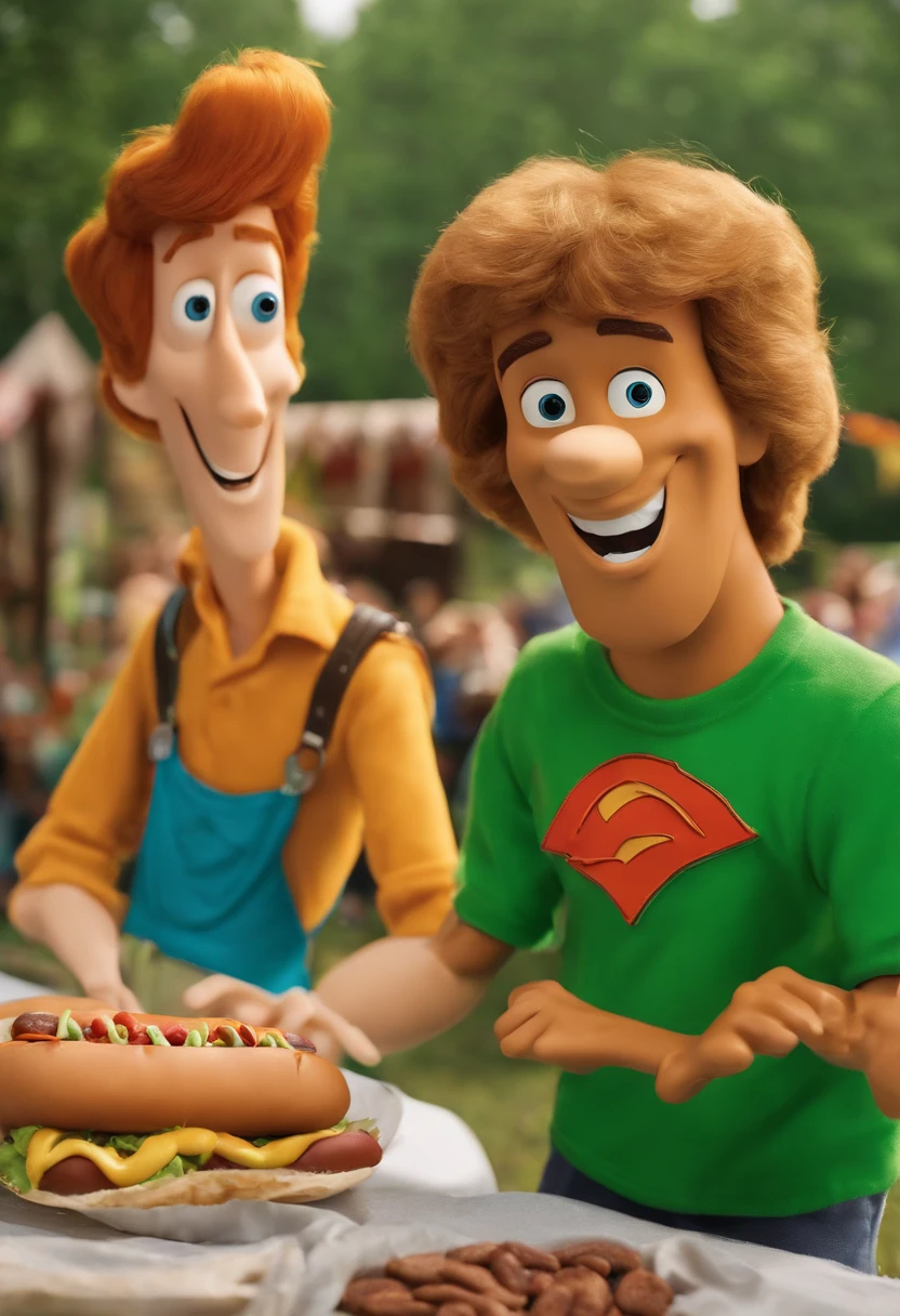 A photo of Shaggy and Scooby-Doo competing in a vegetarian hot dog eating contest,Scooby-Doo, Where Are You!,He is a young man with a rough, patchy goatee. His signature attire consists of a baggy green V-neck T-shirt, loose maroon or brown bell-bottom pants, and black shoes.
He is tall and thin with dirty blonde hair. He is not muscular.
