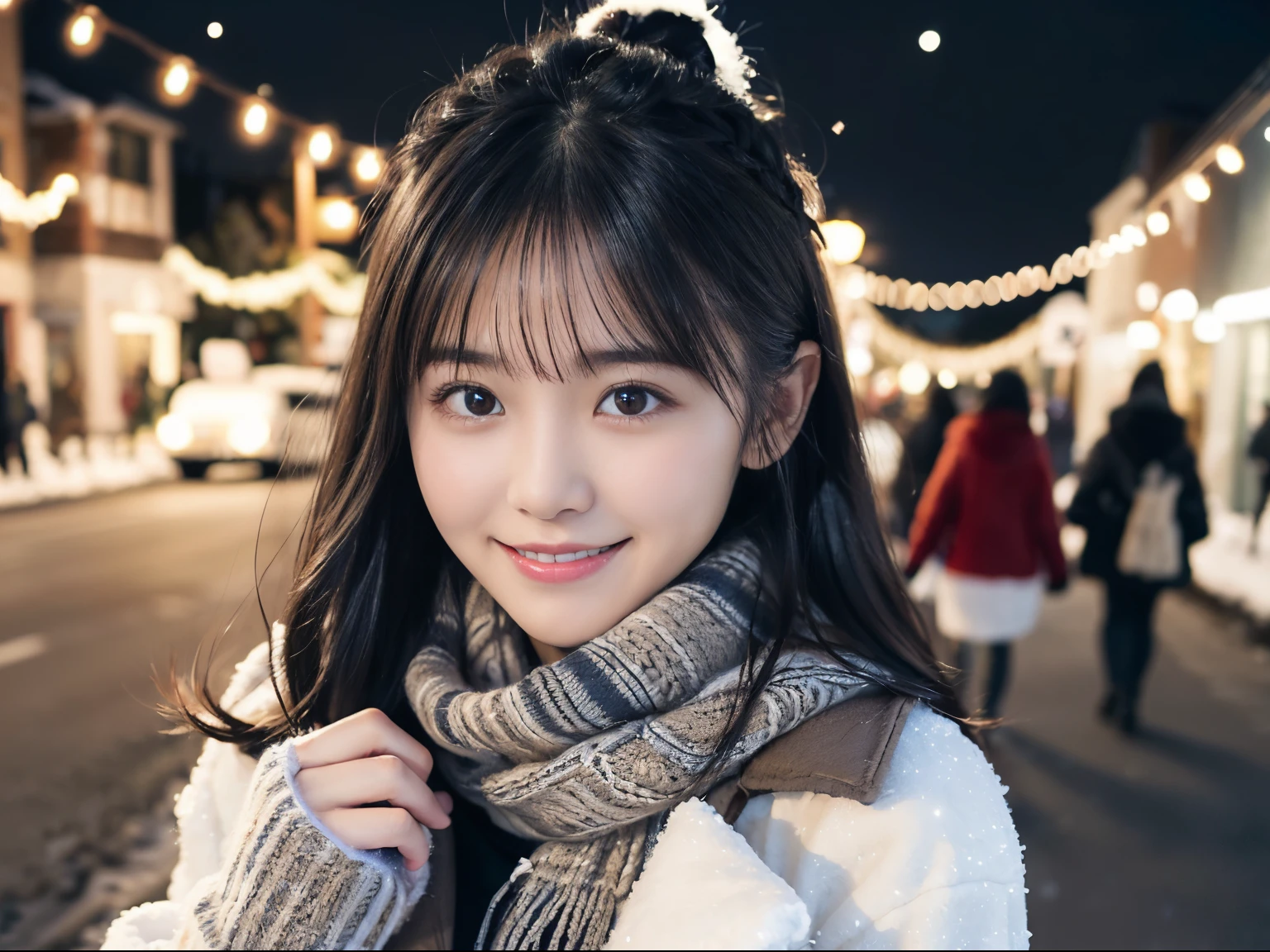 (Close-up of a girl is、With long hair in the take,Dull bangs,Please wear a winter uniform and scarf jacket:1.5)、(Shy smiling girl、Gift box with woolen gloves in hand:1.5)、(Snowy winter night street corner with Christmas lights:1.5)、(Perfect Anatomy:1.3)、(No mask:1.3)、(complete fingers:1.3)、Photorealistic、Photography、masutepiece、top-quality、High resolution, delicate and pretty、face perfect、Beautiful detailed eyes、Fair skin、Real Human Skin、pores、((thin legs))、(Dark hair)