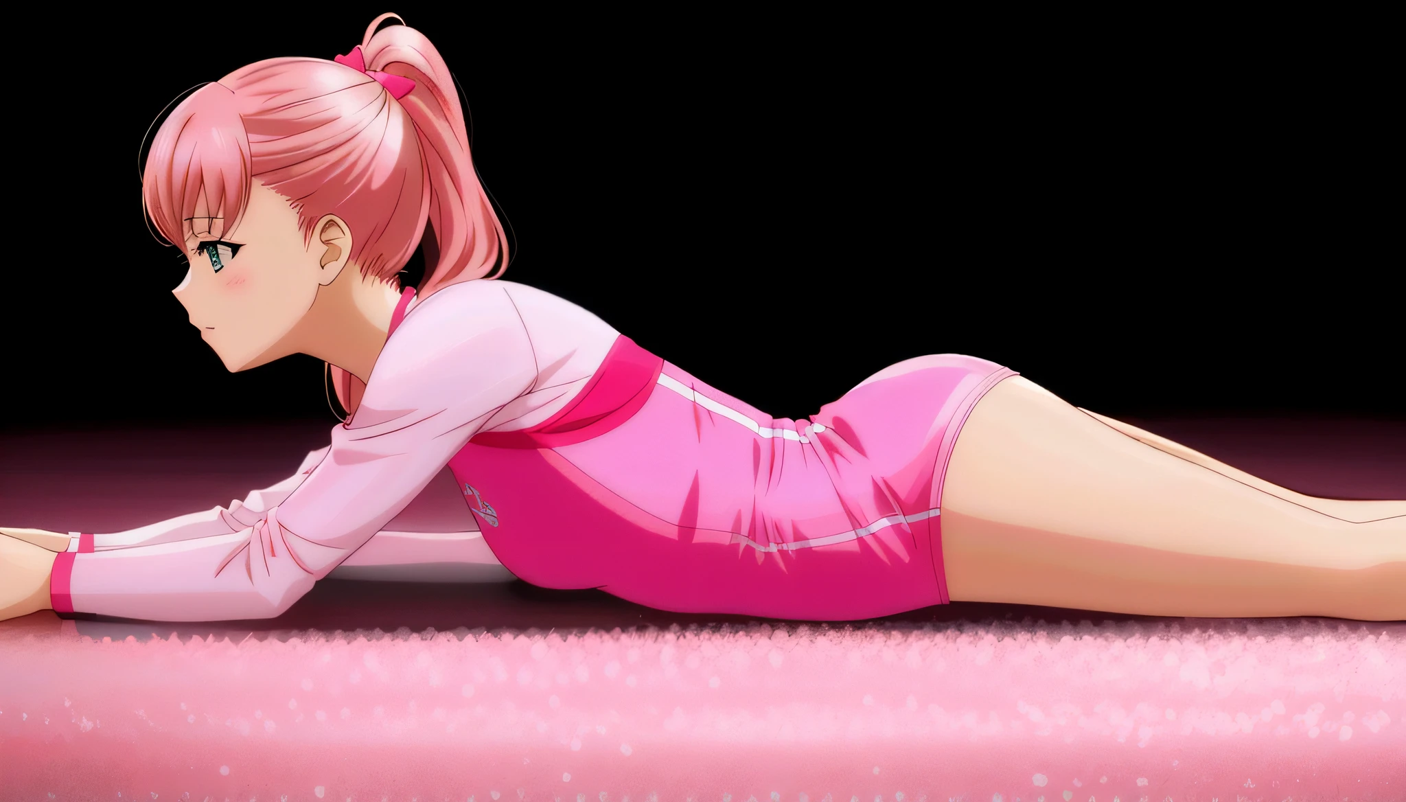 Anime girl in a pink leotard lies on the floor with a baseball bat, pink twintail hair and cyan eyes, Smooth Anime CG Art, photorealistic anime girl render, Lying Dynamic Pose, 3d anime girl, render of a cute 3d anime girl, 3 d anime realistic, Pink body, Strongest Pose, rendered in sfm, bubblegum body