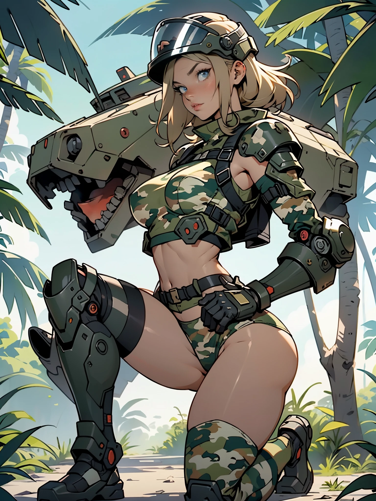 1woman 20 years old, max resolution, sculpted, military, wearing a soldier helmet, beautiful, perfect body, blonde hair, blue eyes, perfect body, thin waist, wide hips, large breasts, slim thighs, jungle background, armored vehicle, military robot dog, camouflaged uniform, tight panties, two-piece, highly detailed, high resolution, perfect hands, side view, camo, face fully turned to the side to look at the viewer, turn her head to look at the viewer, genuflection kneeling, one knee on ground, one knee up, bare shoulders